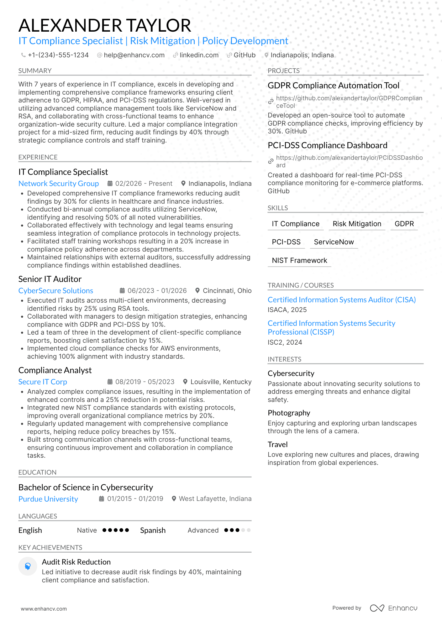 A resume example of a IT Compliance Specialist