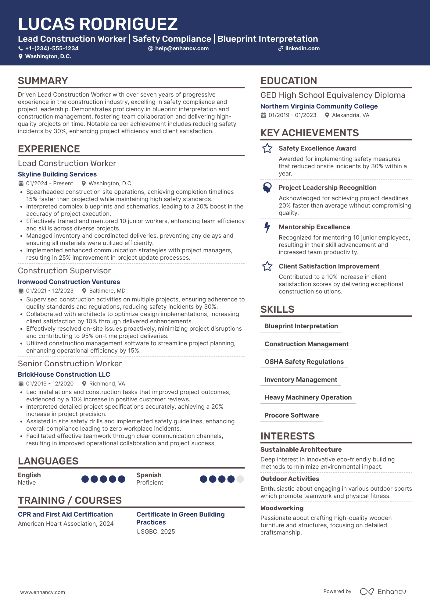 A resume example of a Lead Construction Worker