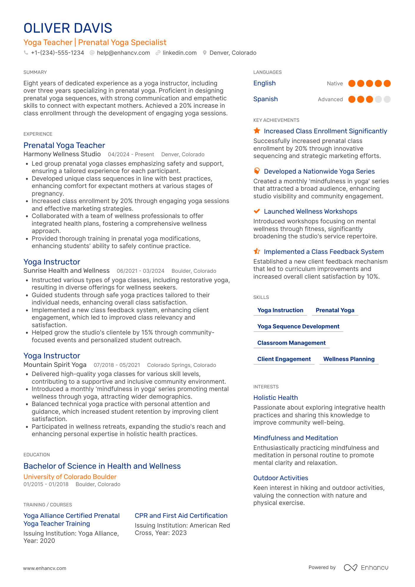 A resume example of a Prenatal Yoga Teacher