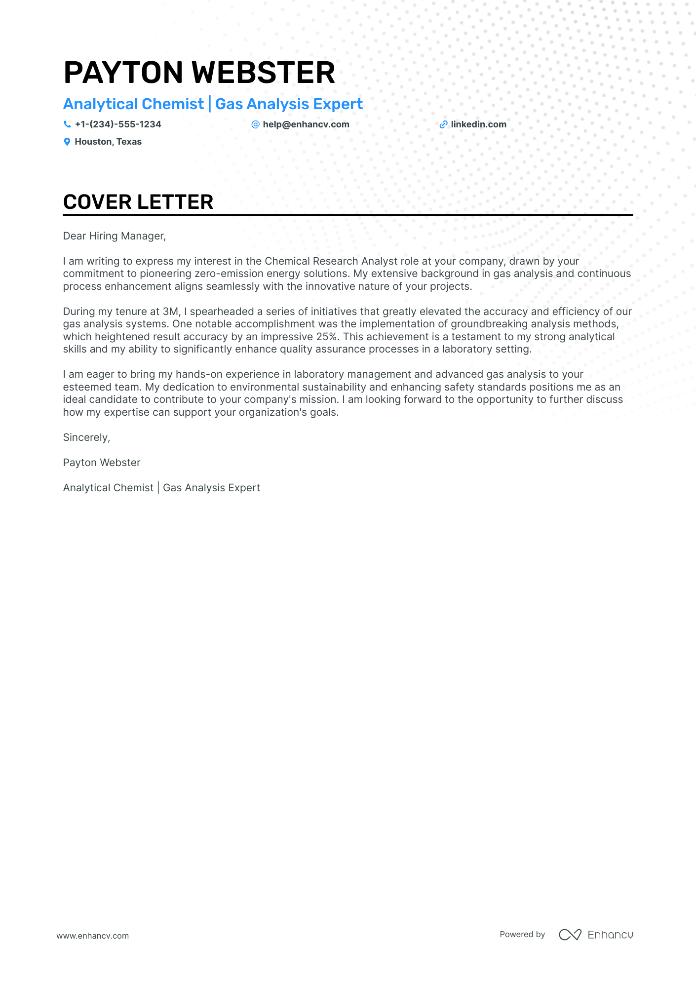 head of chemistry cover letter