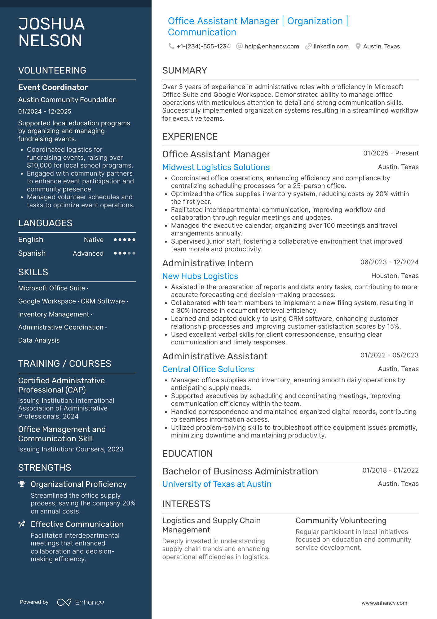A resume example of a Office Assistant Manager