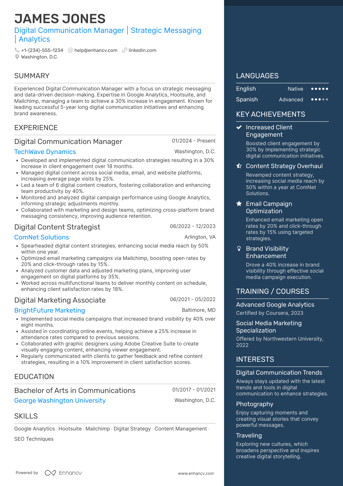 A resume example of a Digital Communication Manager