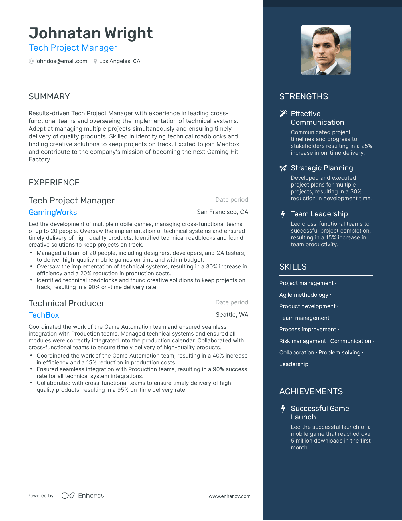 One Page Tech Project Manager Resume Template