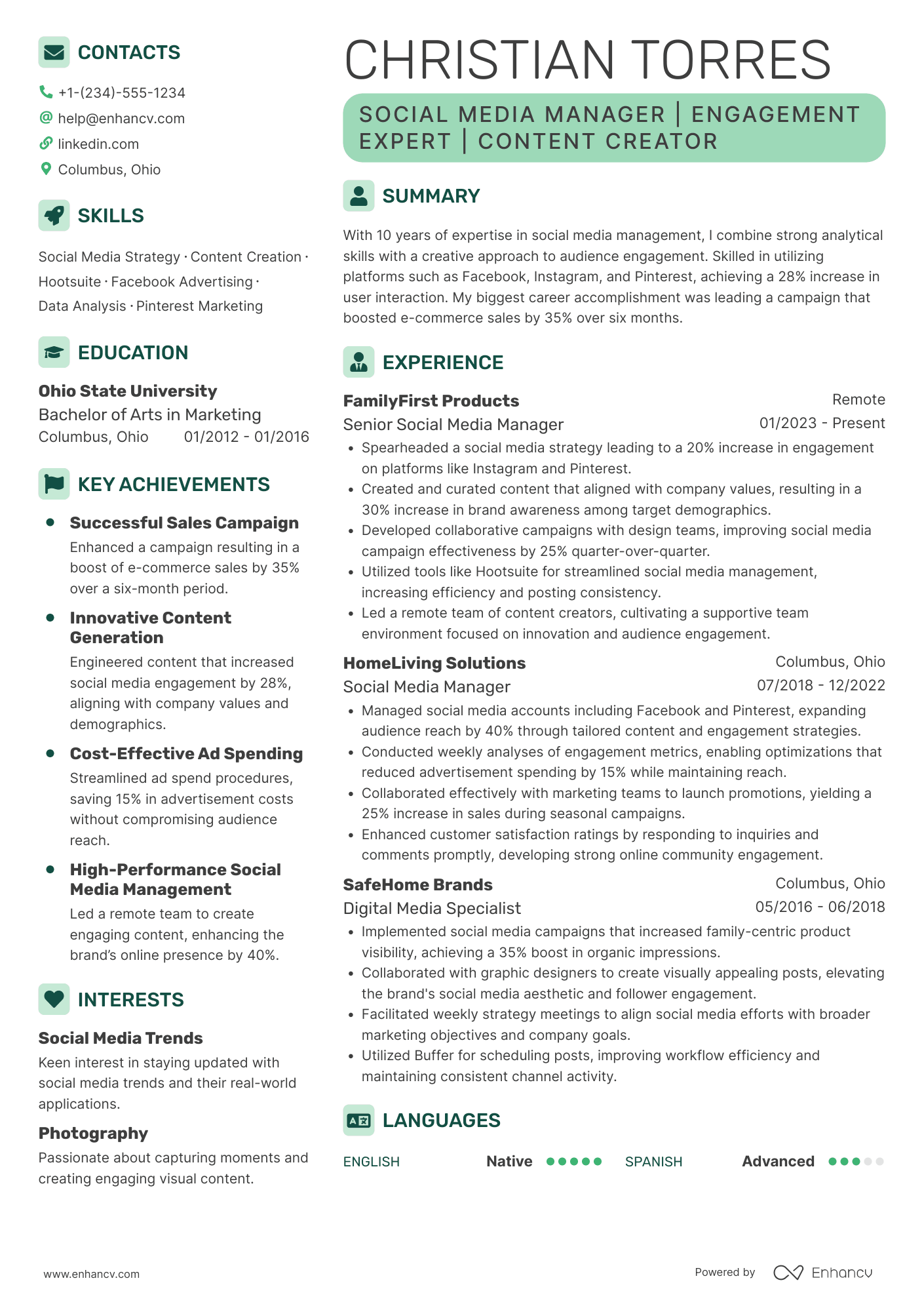 A resume example of a Stay at Home Mom Social Media Manager