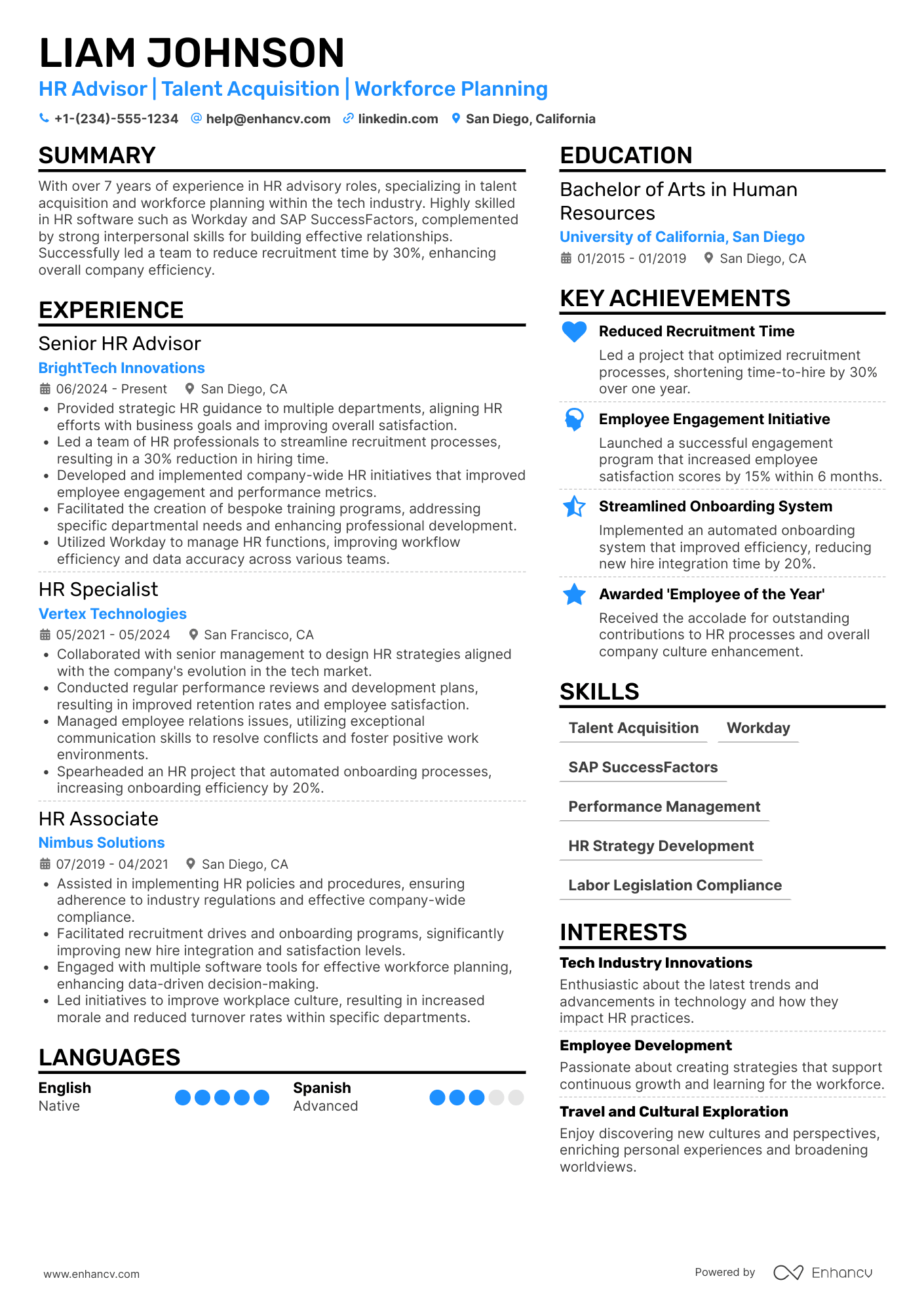 A resume example of a Accenture Experienced HR Advisor