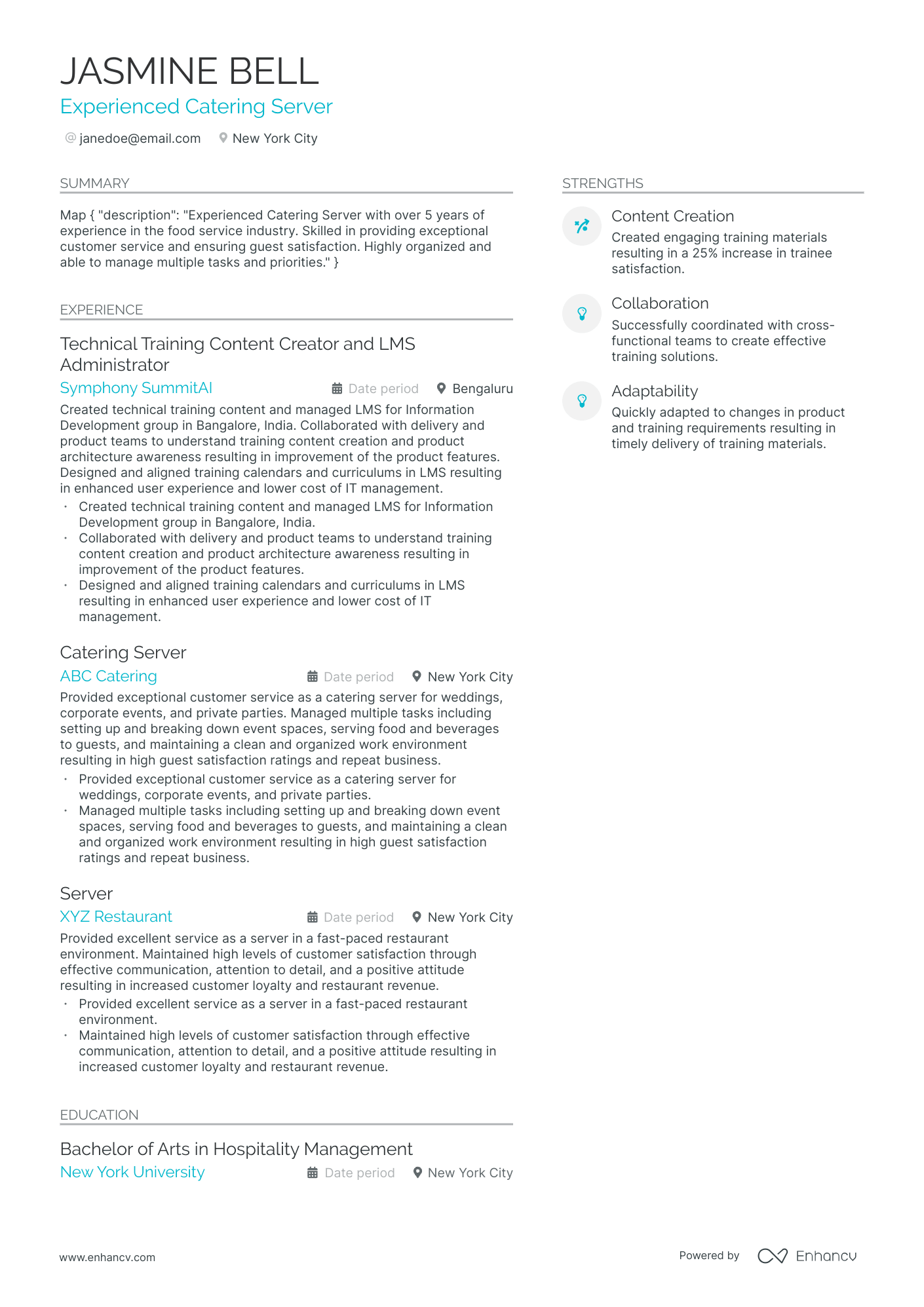 A resume example of a Catering Server