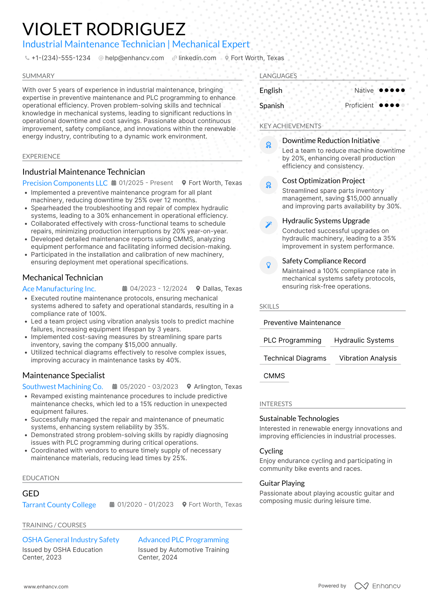 A resume example of a Industrial Maintenance Technician
