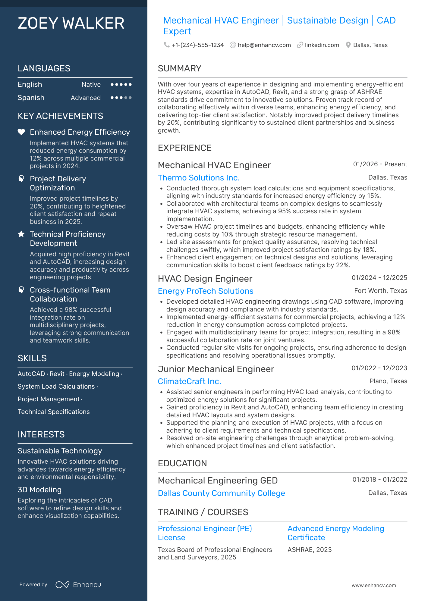 A resume example of a Mechanical HVAC Engineer