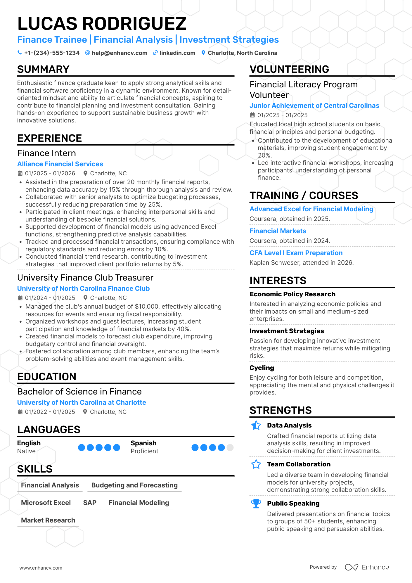 A resume example of a Finance Trainee