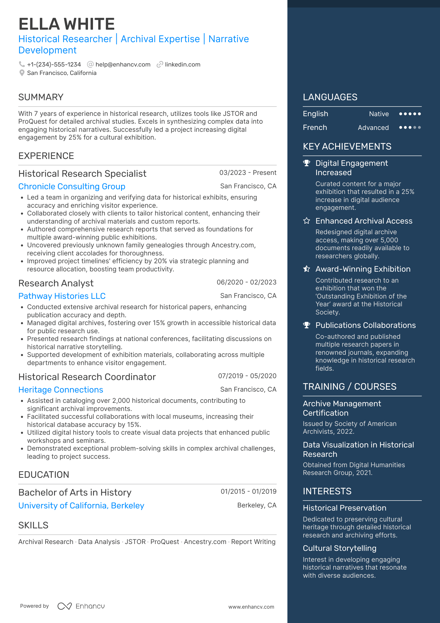 A resume example of a Historical Researcher