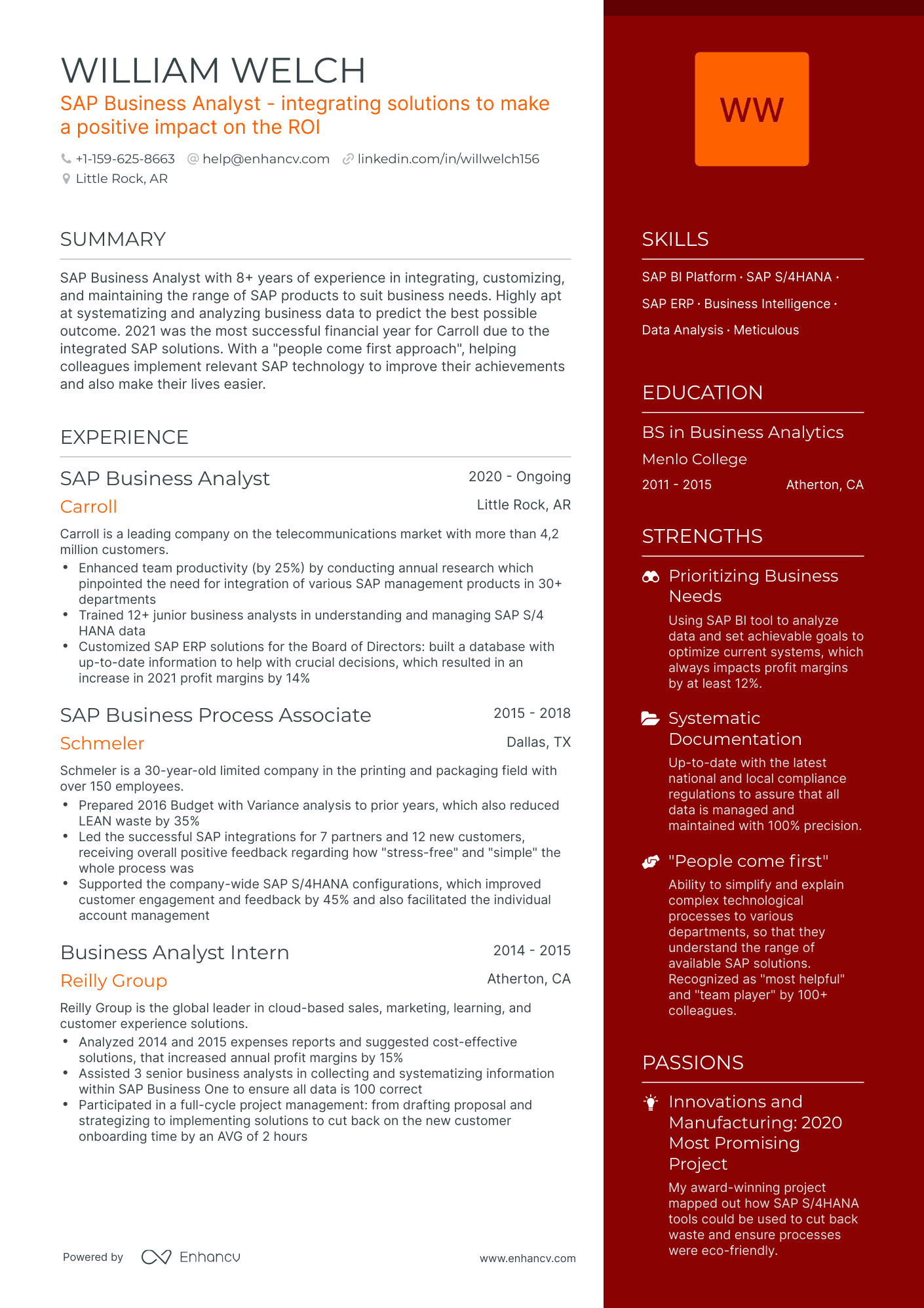 One Page Sap Business Analyst Resume Template