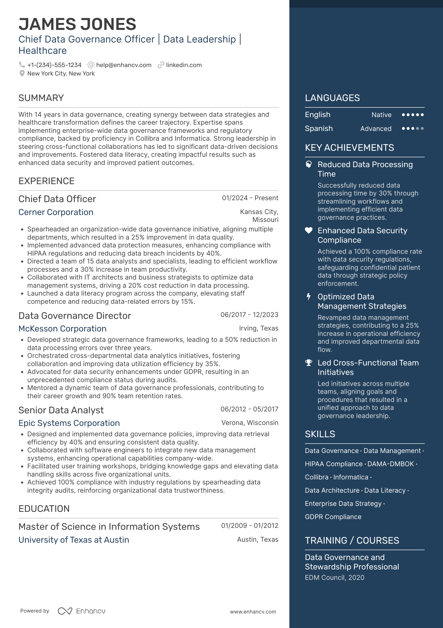 A resume example of a Chief Data Governance Officer