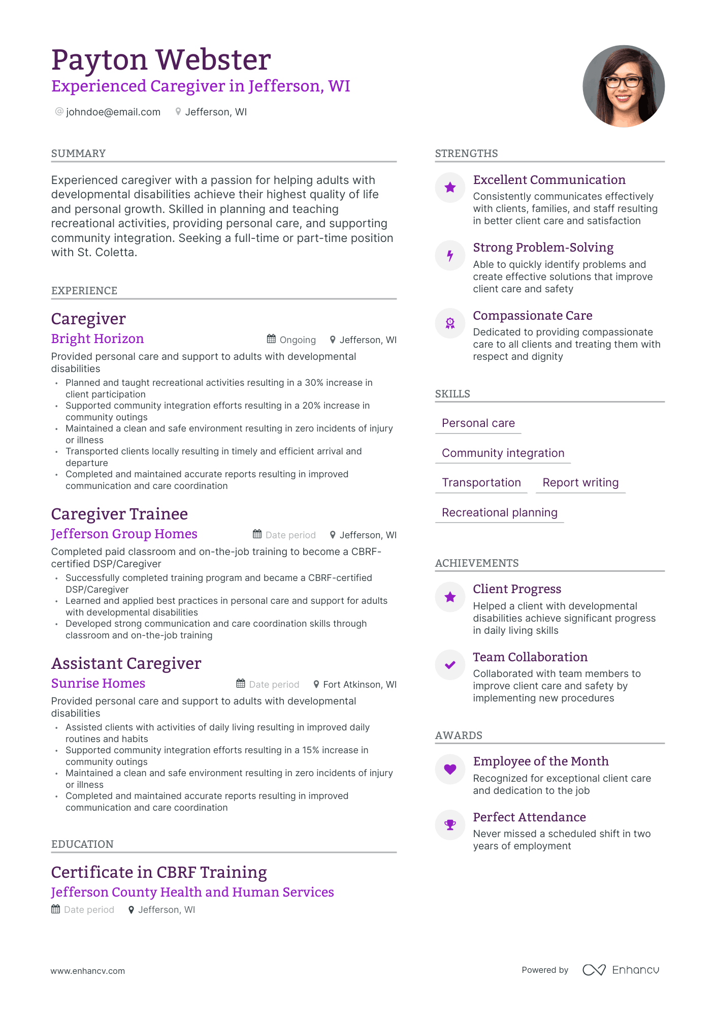 example of resume objective for caregiver