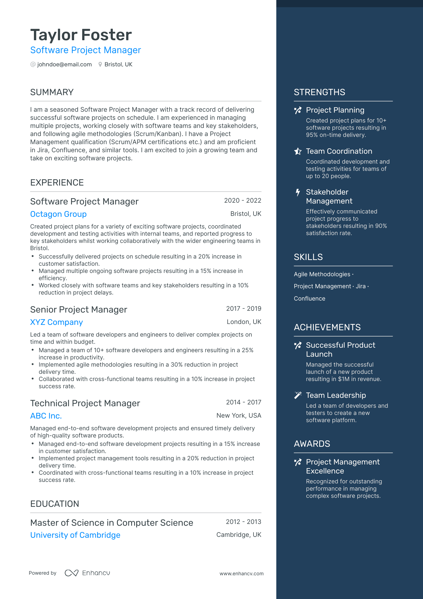 One Page Software Project Manager Resume Template