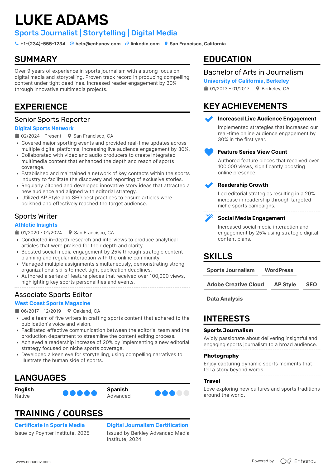 A resume example of a Sports Journalist