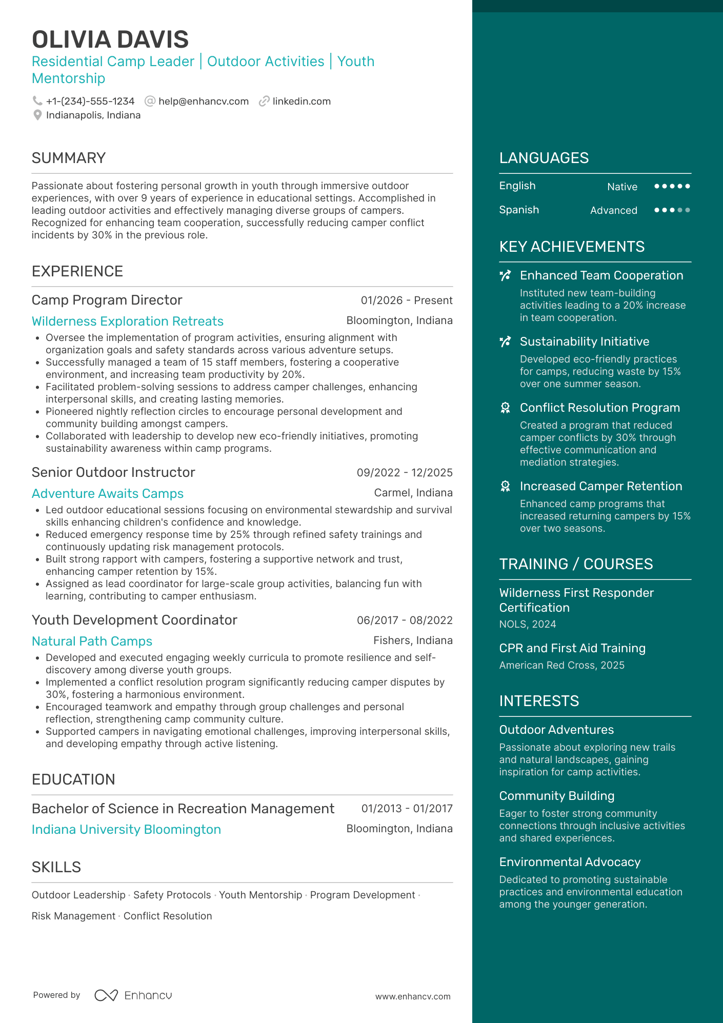 A resume example of a Residential Camp Counselor