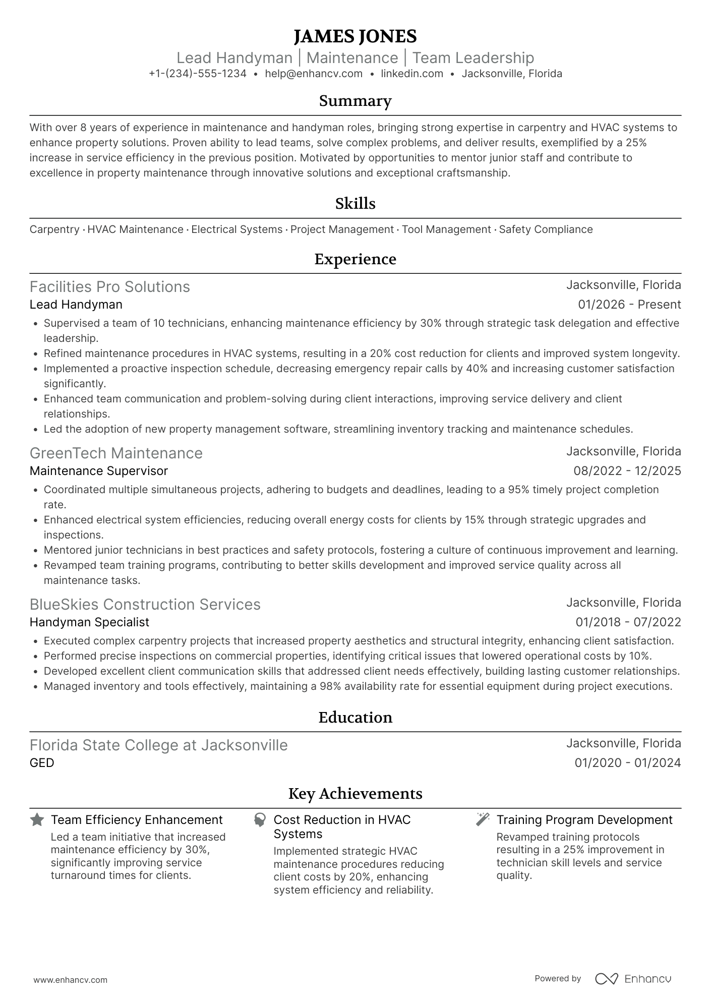 A resume example of a Lead Handyman
