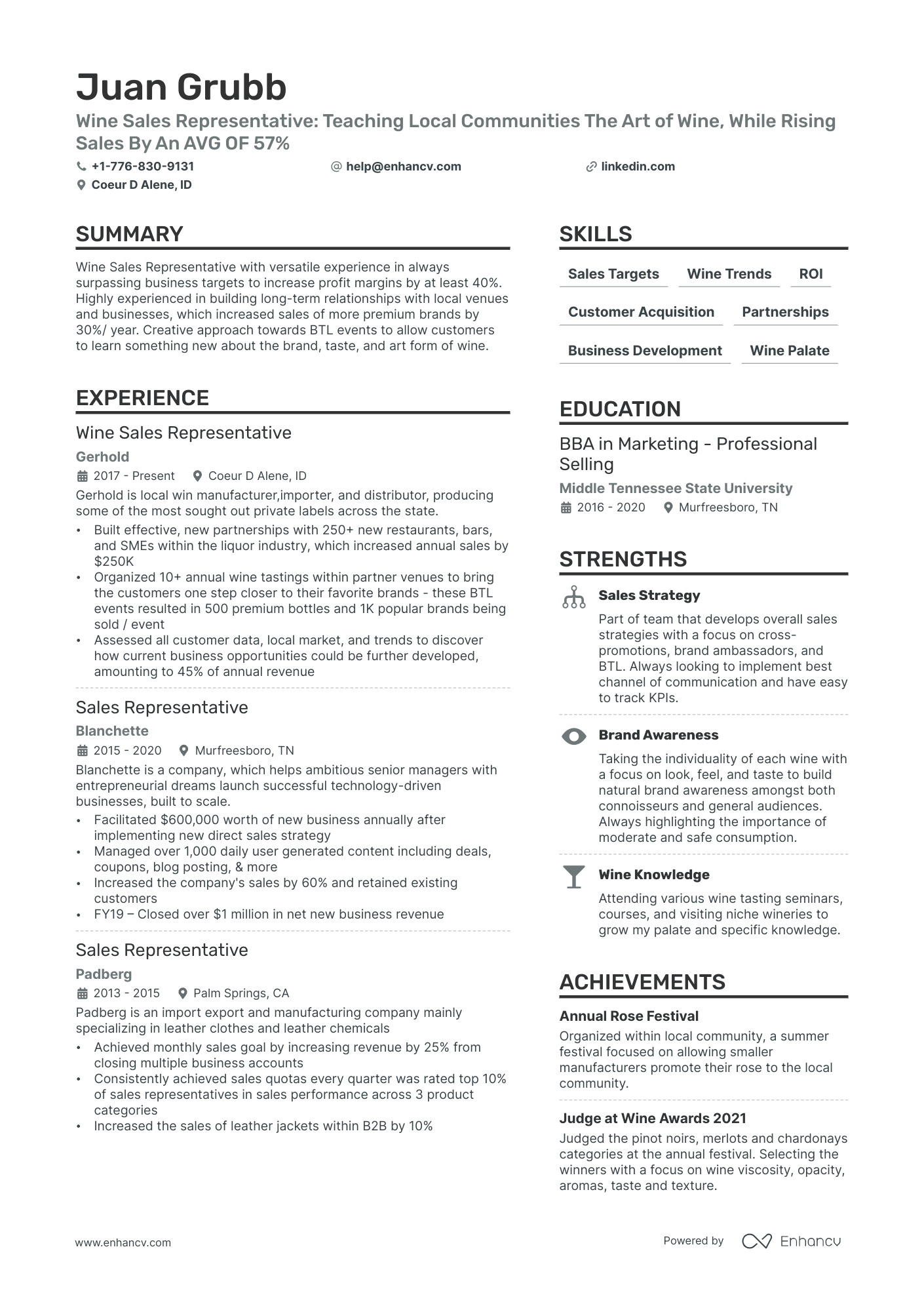 A resume example of a Wine Sales Representative