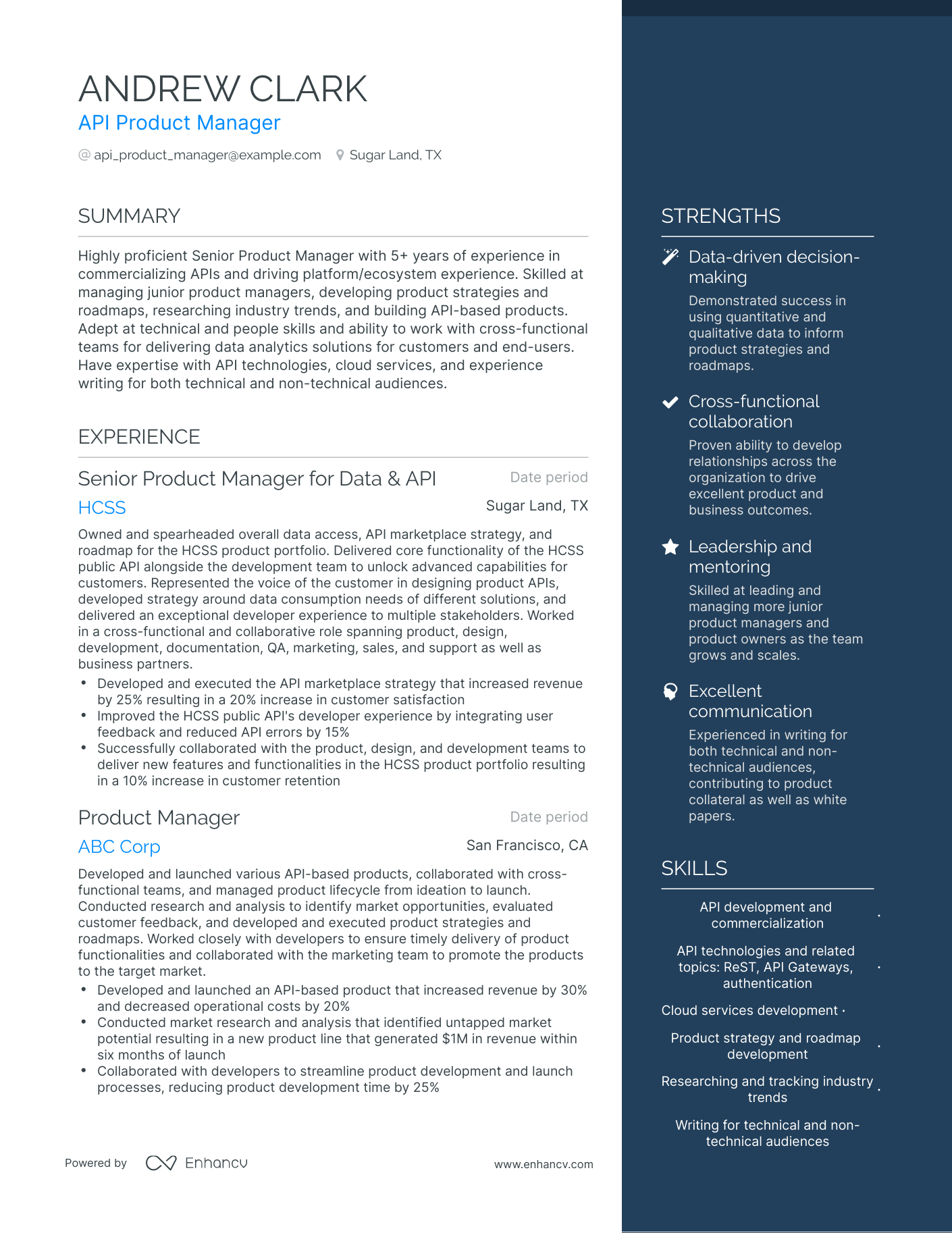 One Page Api Product Manager Resume Template