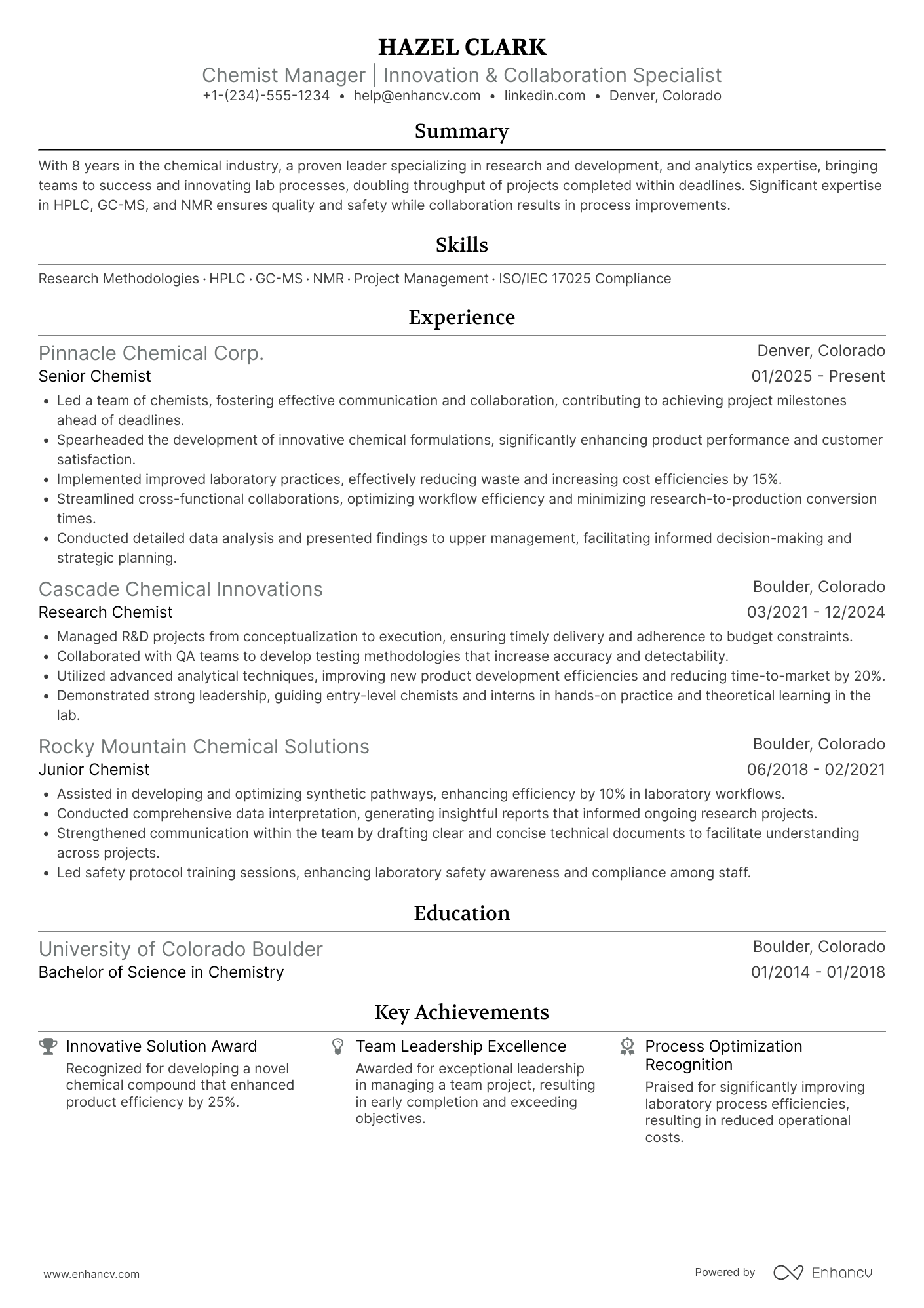 A resume example of a Chemist Manager