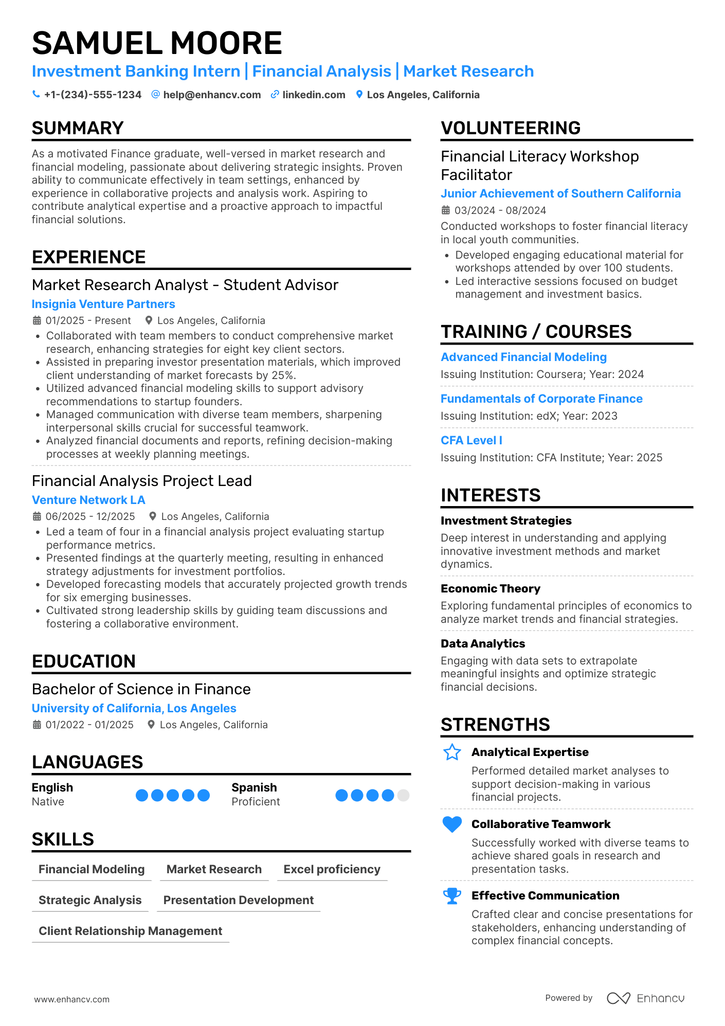 A resume example of a Investment Banking Intern