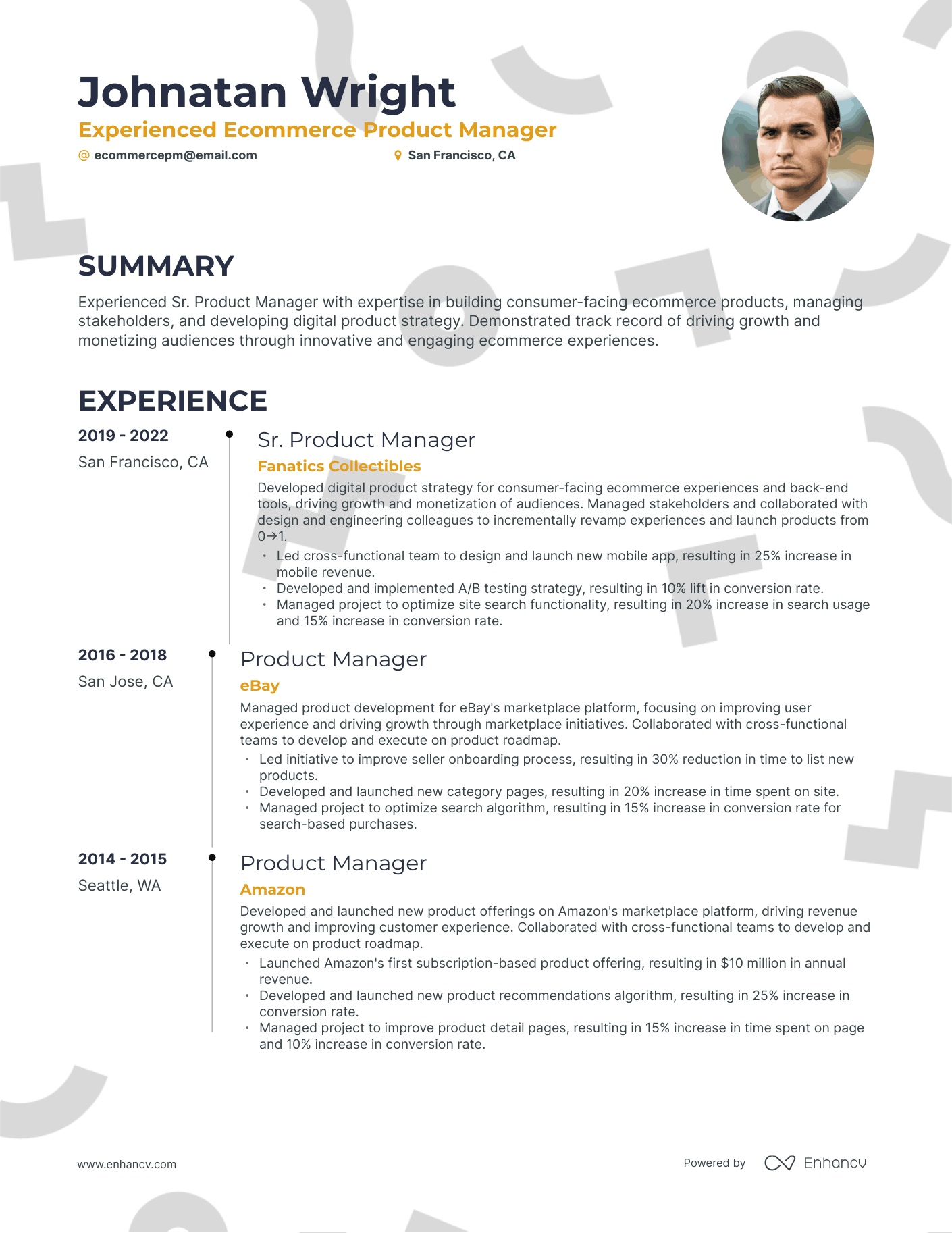 Timeline Ecommerce Product Manager Resume Template