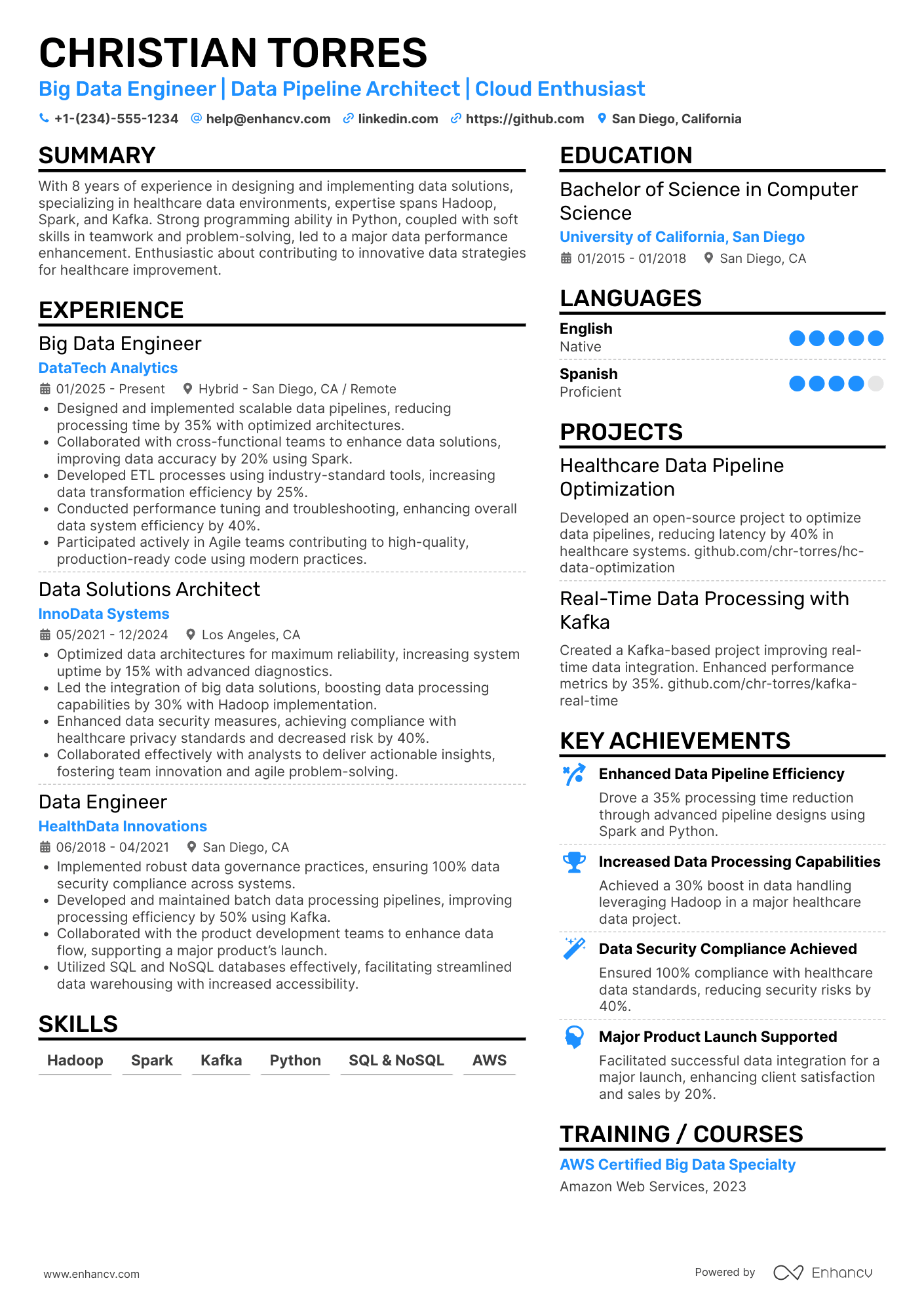 A resume example of a Mid Level Big Data Engineer