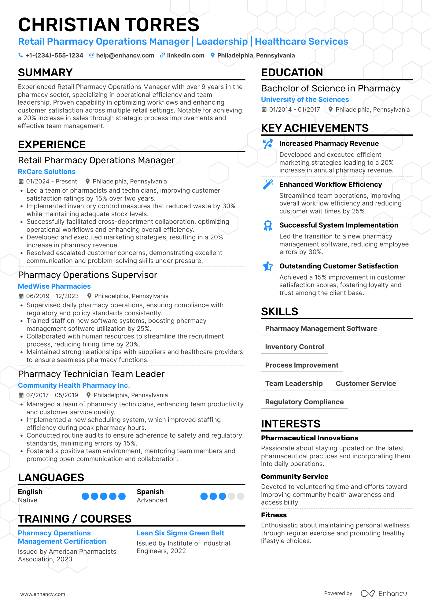 A resume example of a Retail Pharmacy Operations Manager