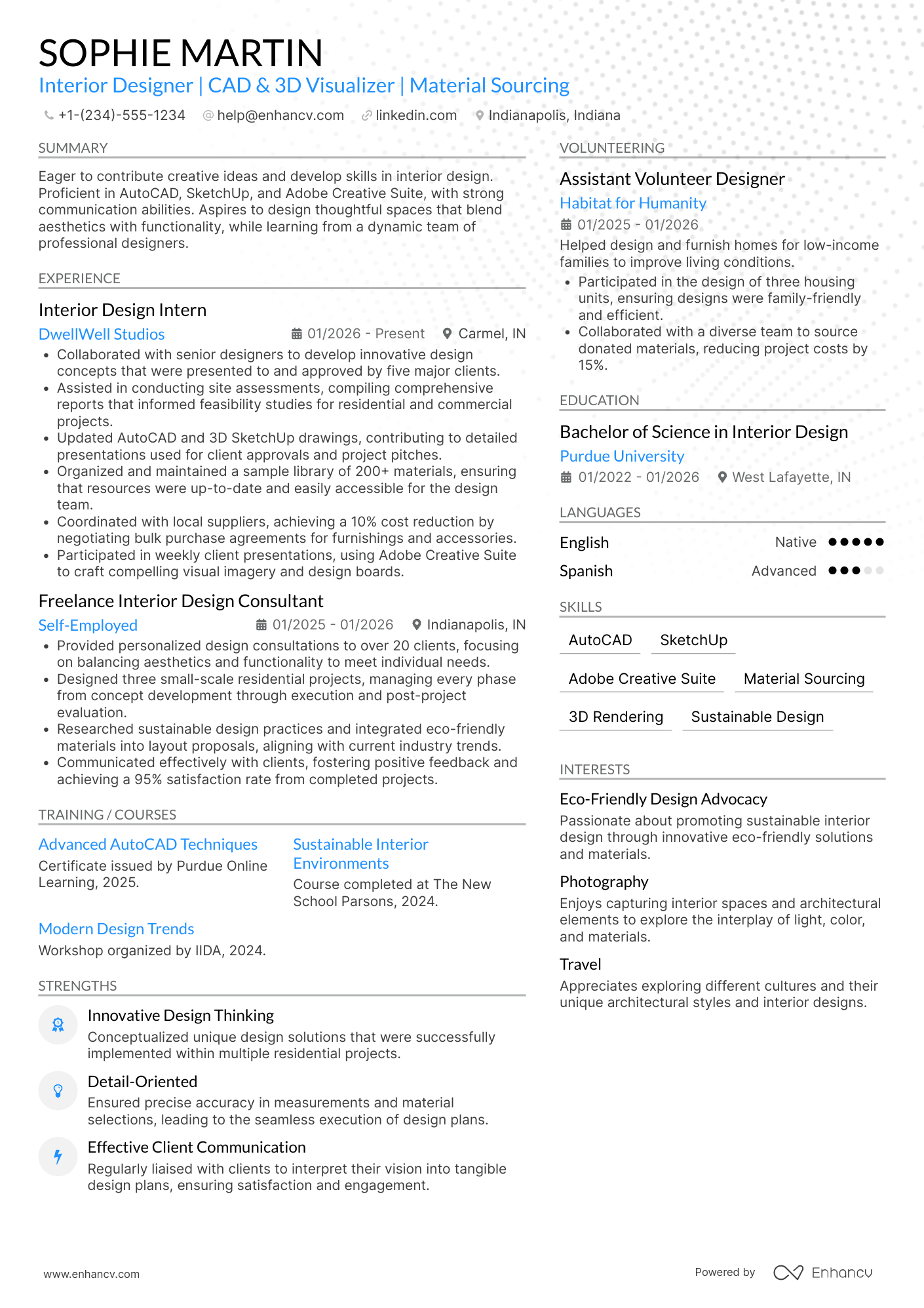 A resume example of a Entry Level Interior Design