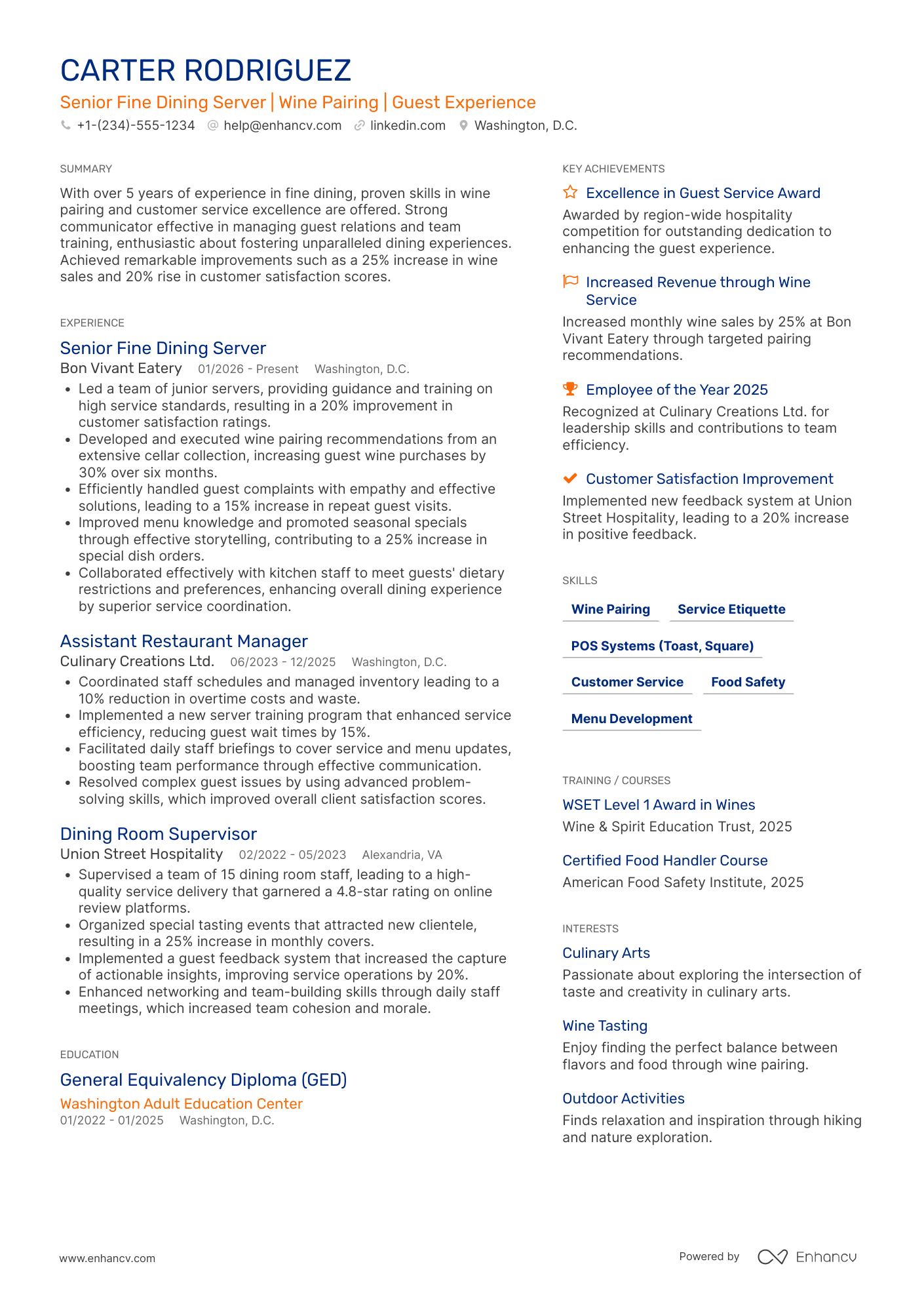 A resume example of a Senior Fine Dining Server