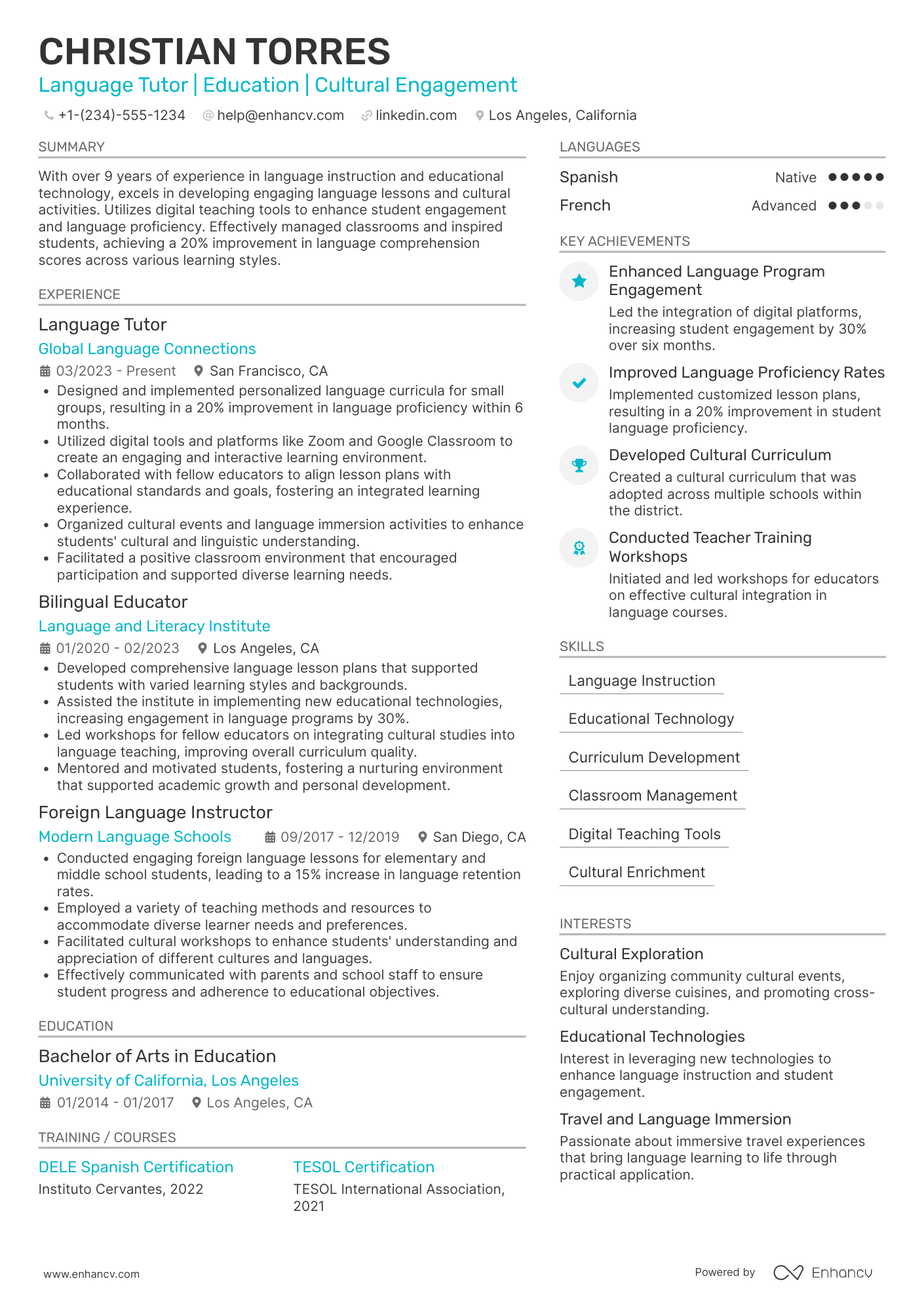 A resume example of a After School Language Tutor
