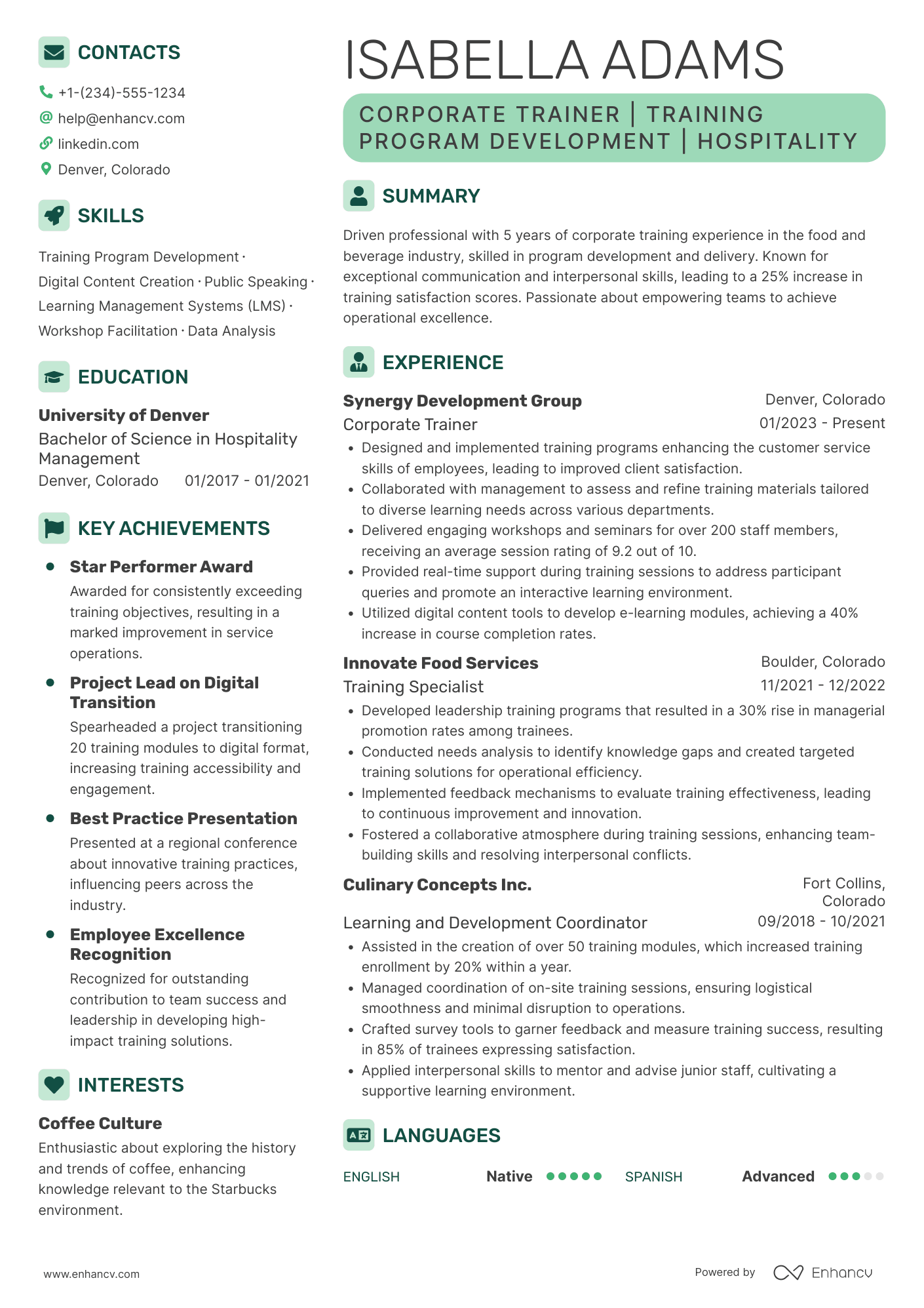 A resume example of a Starbucks Corporate Trainer