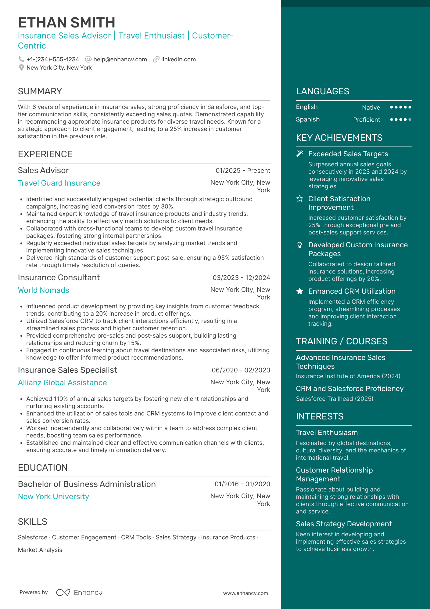 A resume example of a Travel Insurance Sales Advisor