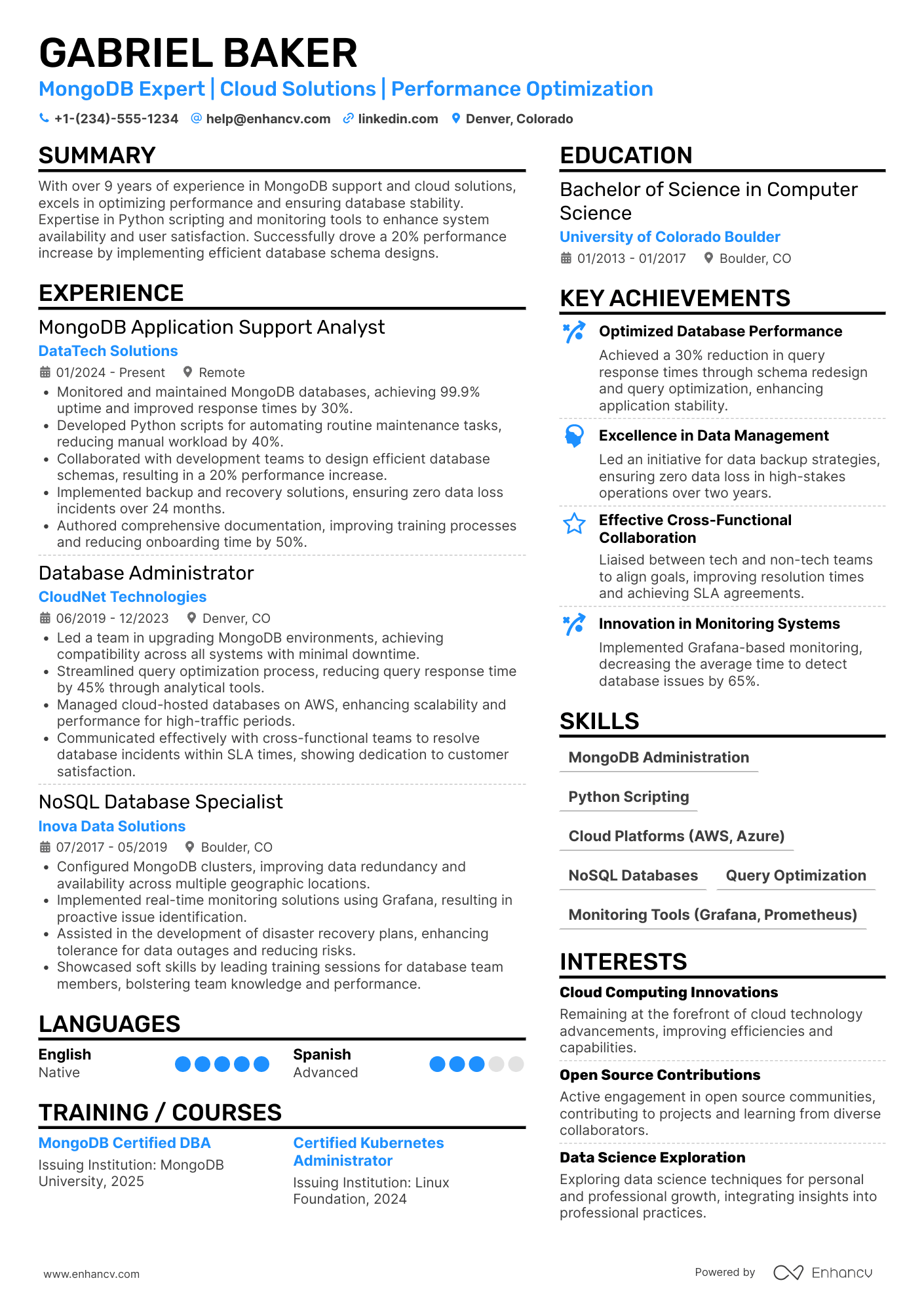 A resume example of a MongoDB Application Support Analyst