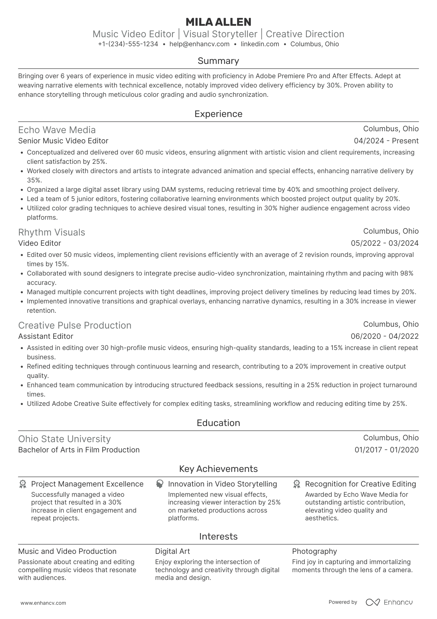 A resume example of a Music Video Editor