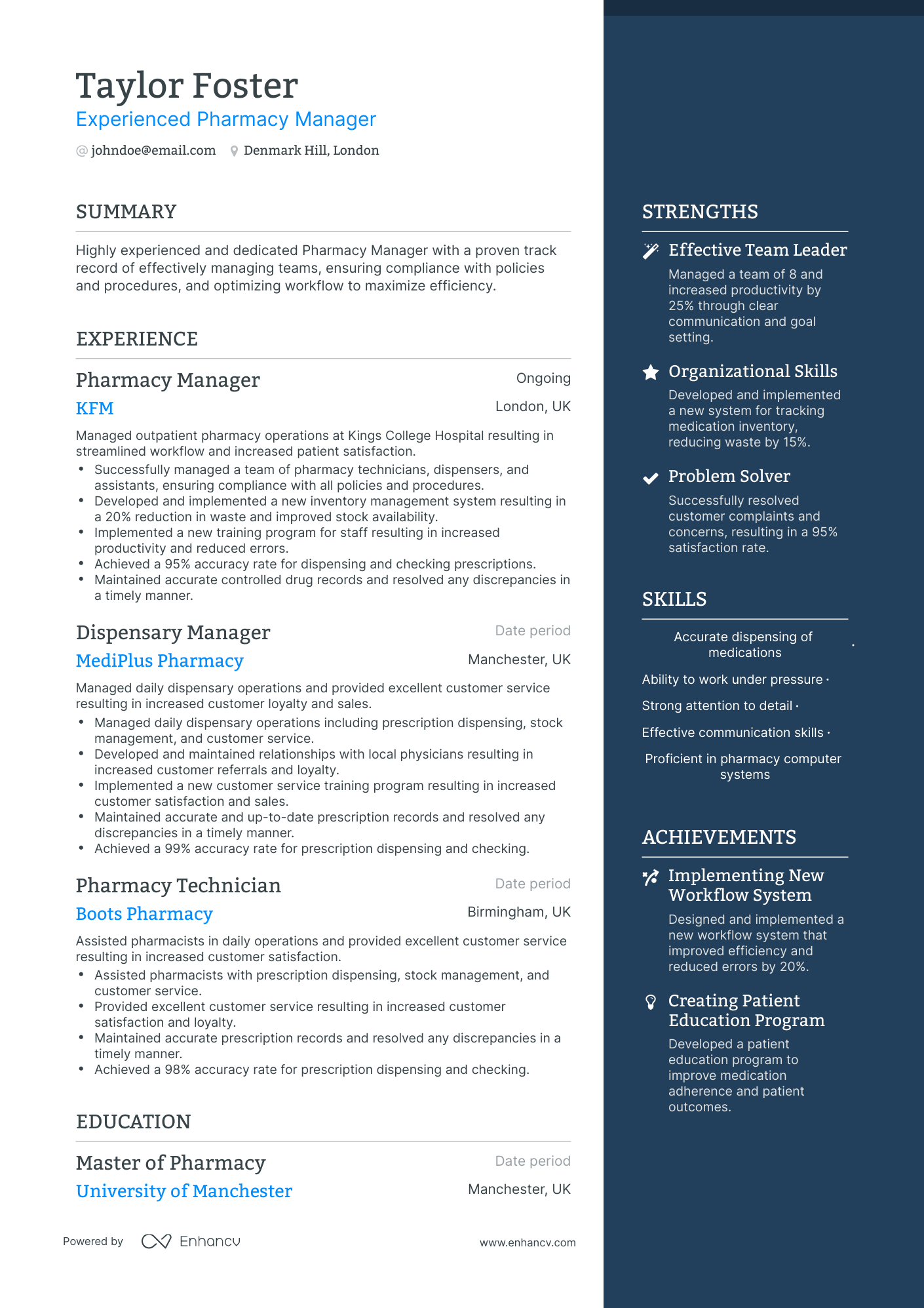 One Page Pharmacy Manager Resume Template