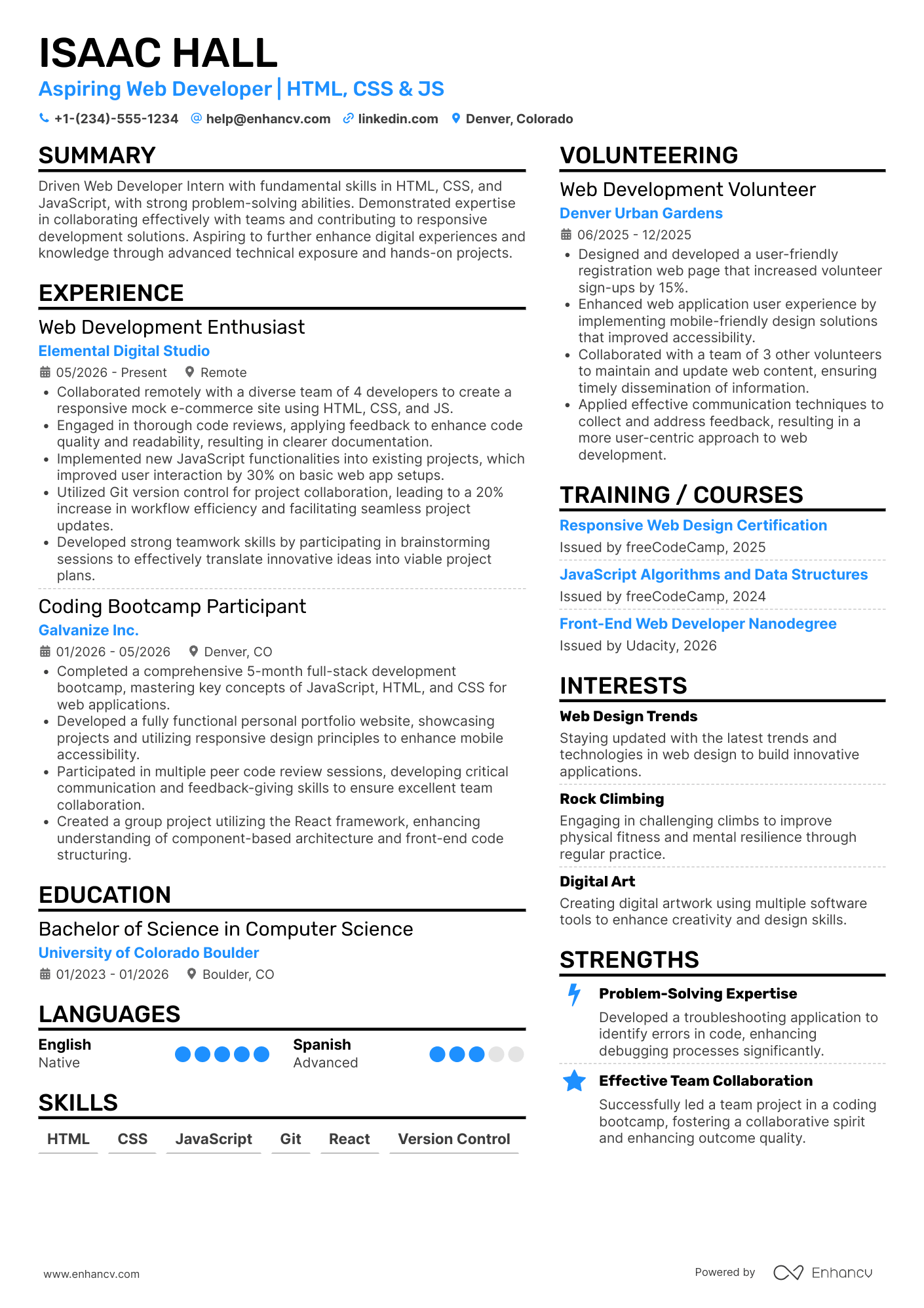 A resume example of a Web Developer Intern