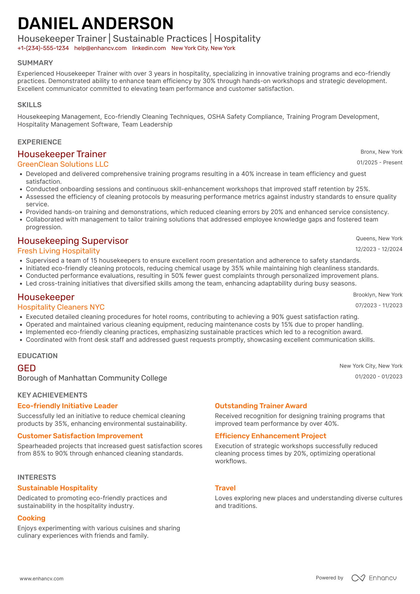 A resume example of a Housekeeper Trainer
