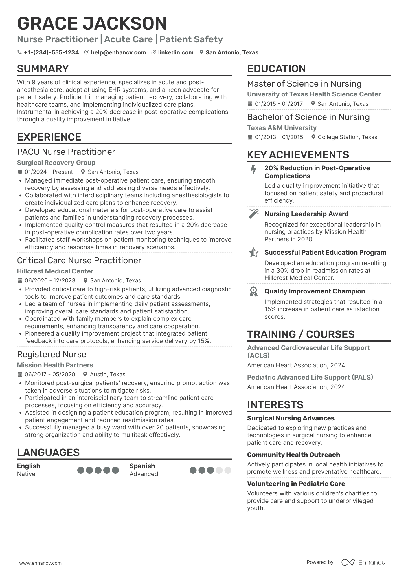 A resume example of a PACU Nurse Practitioner