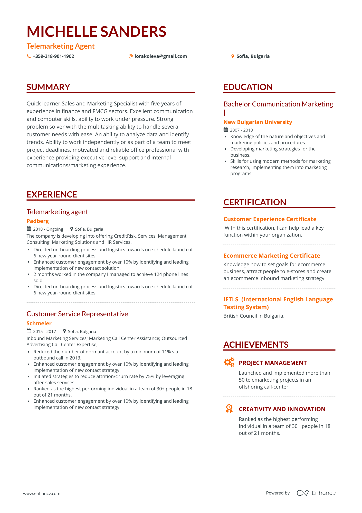 Simple Telemarketing Resume Template