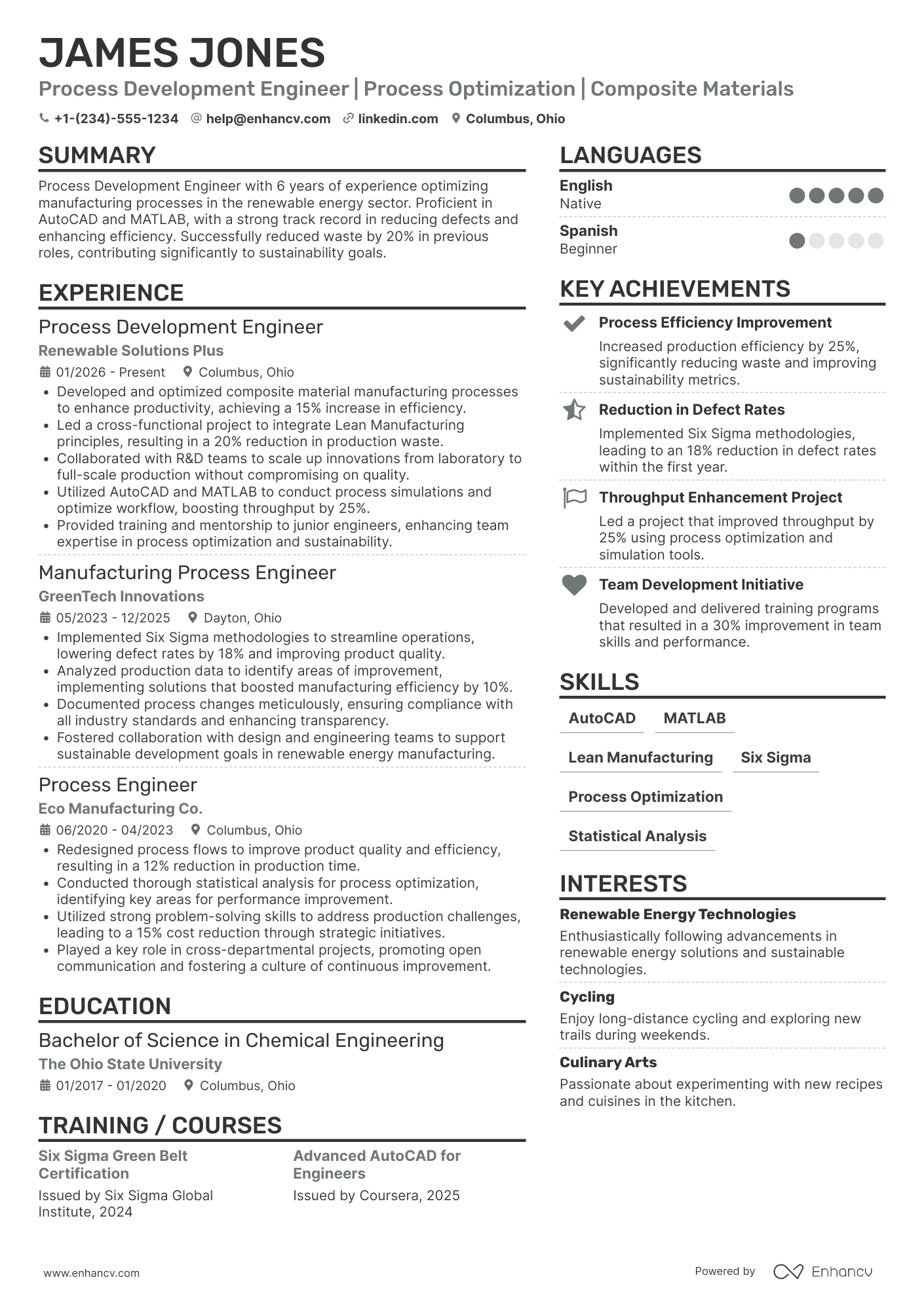 A resume example of a Process Development Engineer