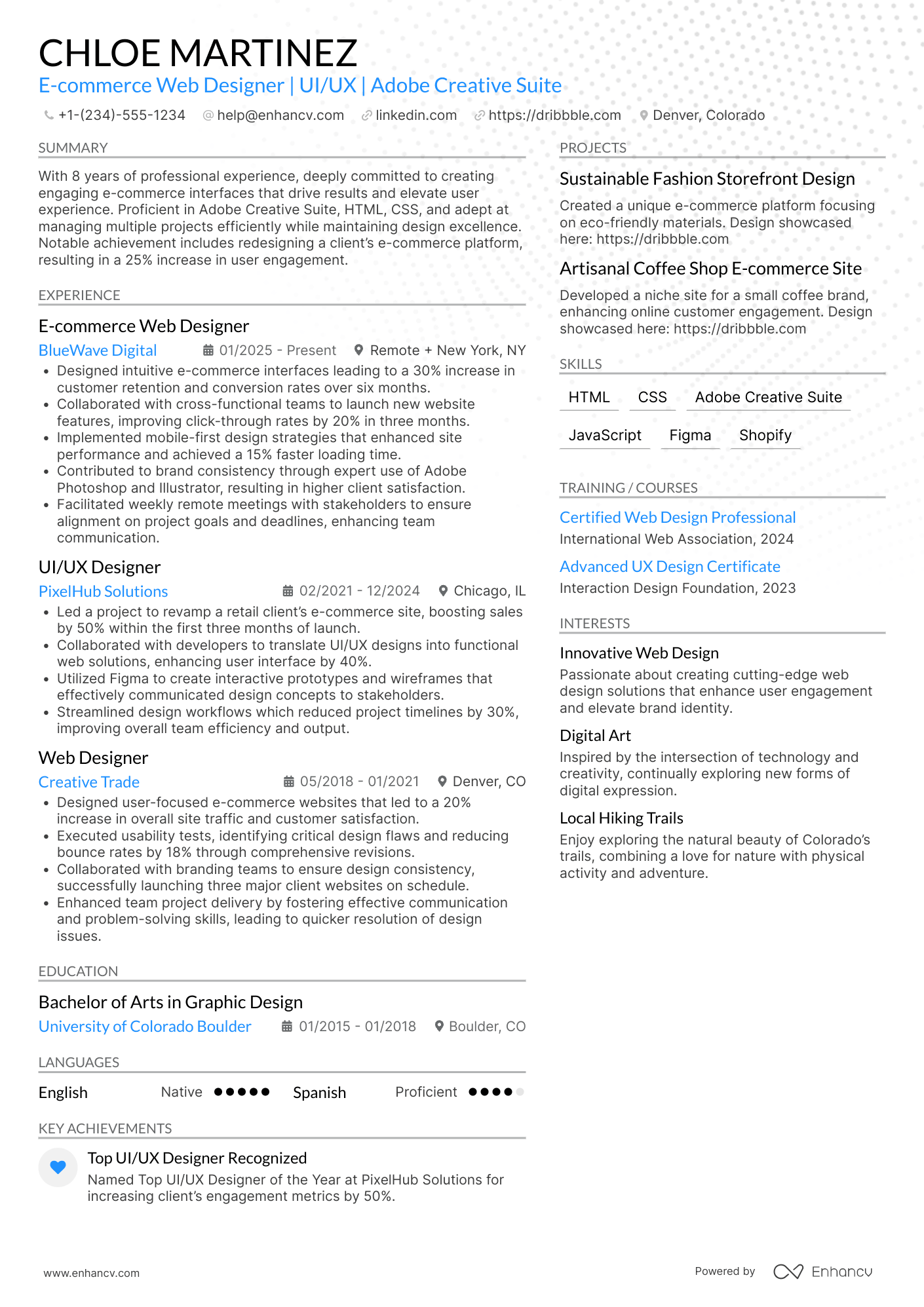 A resume example of a E commerce Web Designer