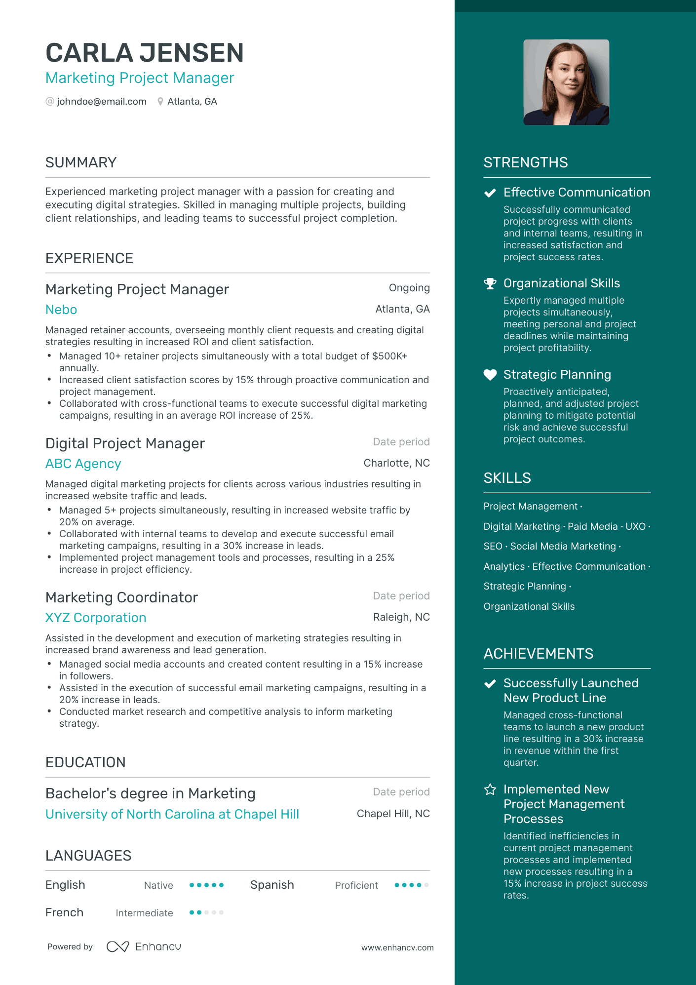 One Page Marketing Project Manager Resume Template