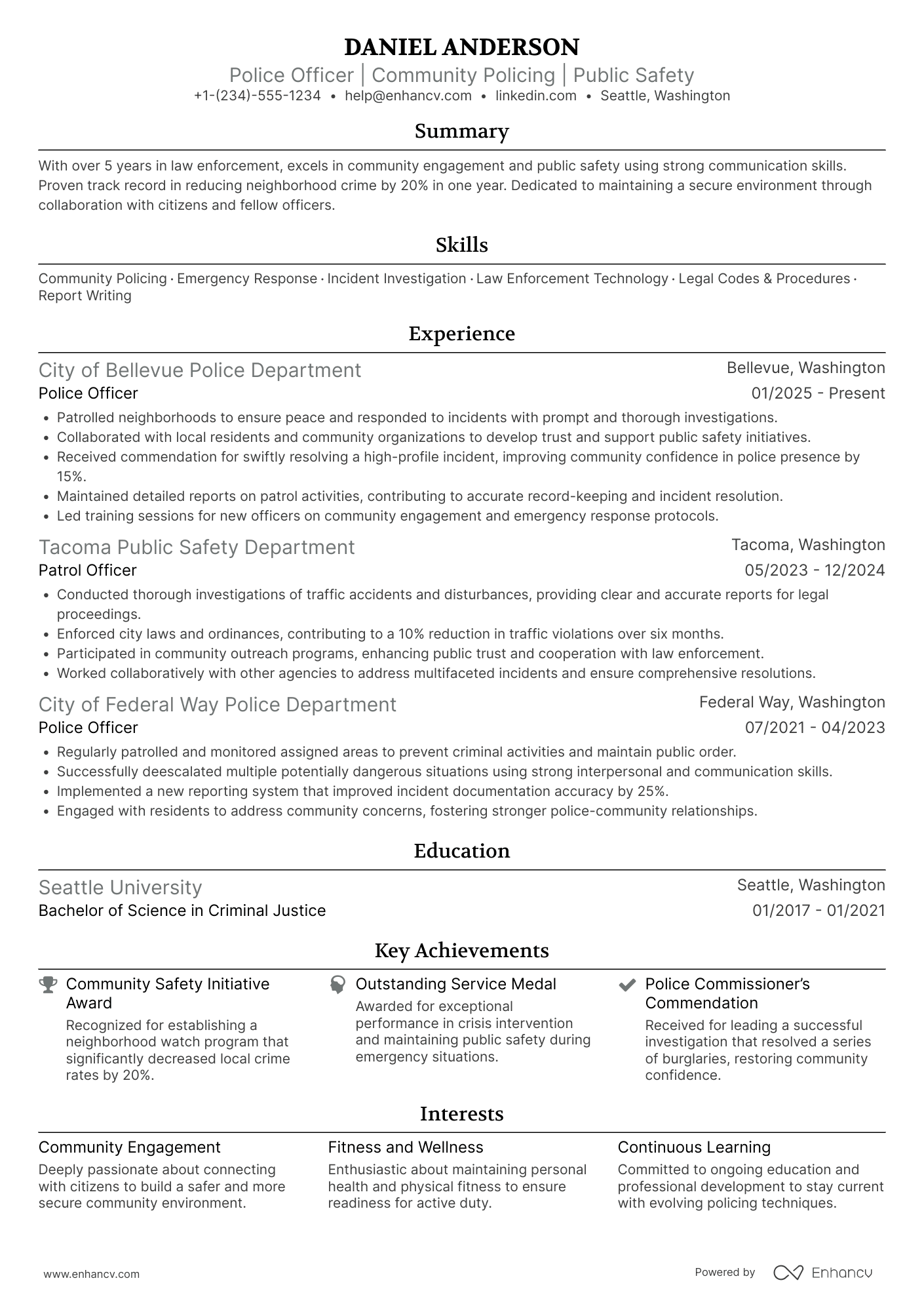 A resume example of a Patrol Police Officer