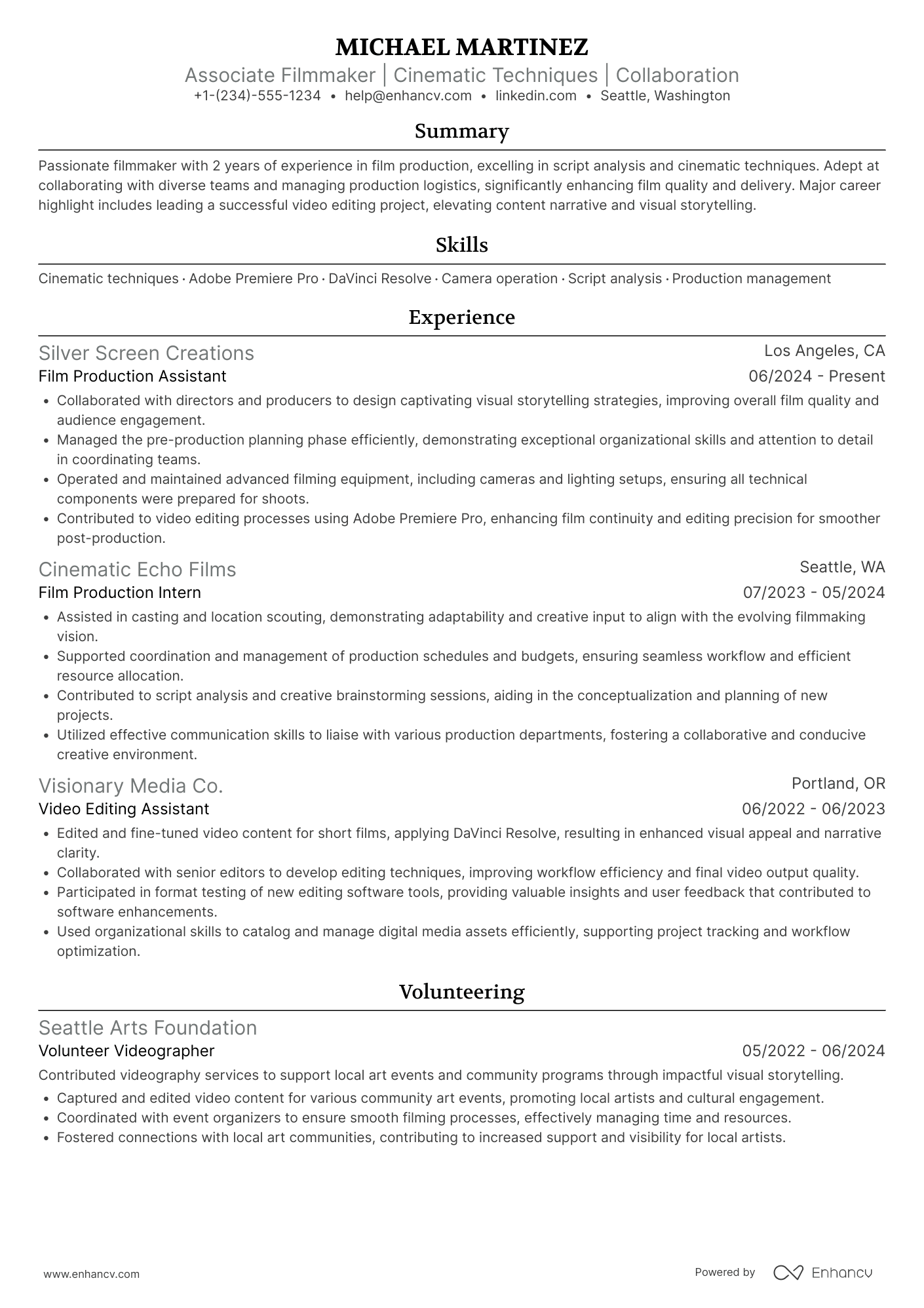 A resume example of a Associate Filmmaker