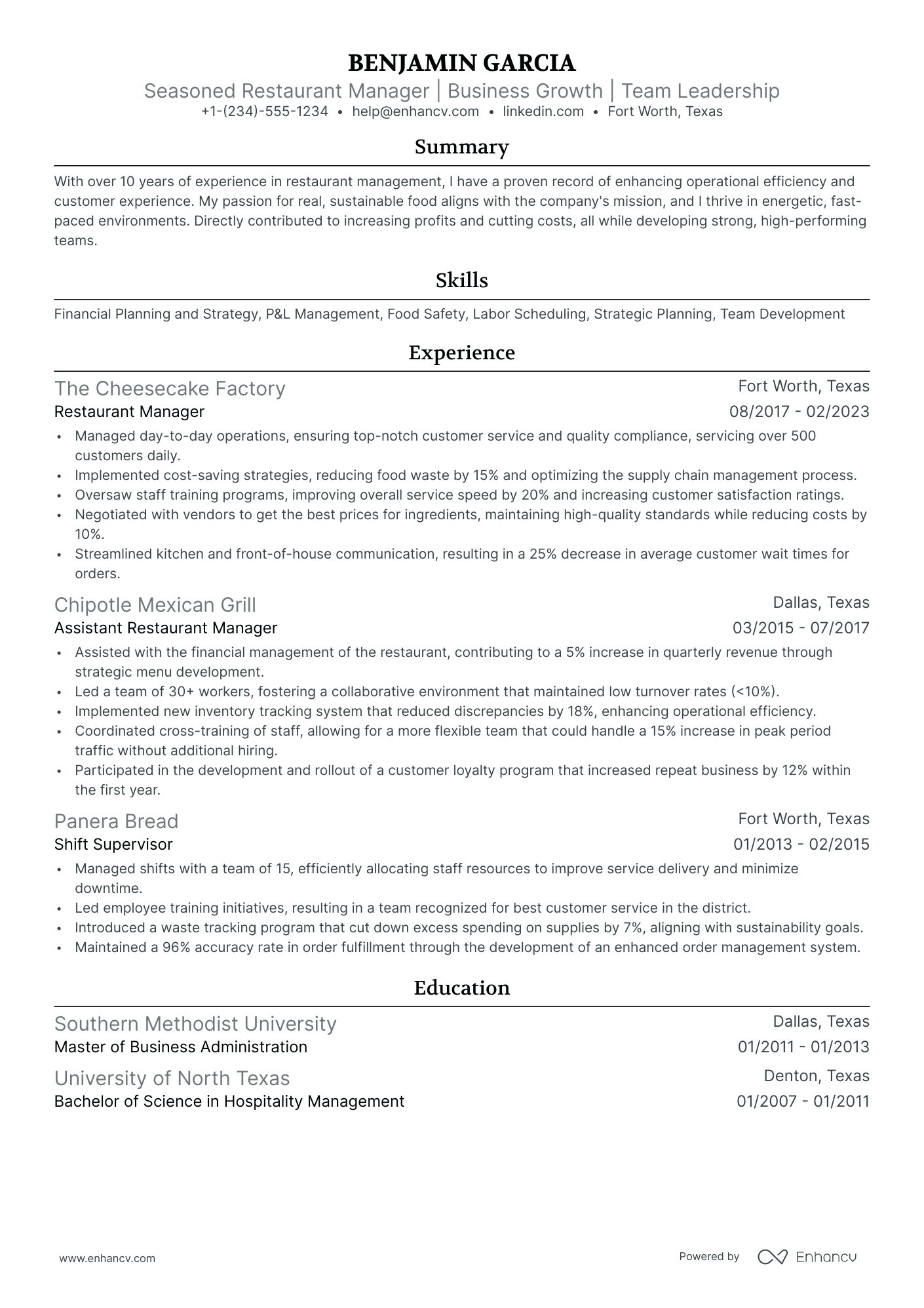 restaurant general manager resume template