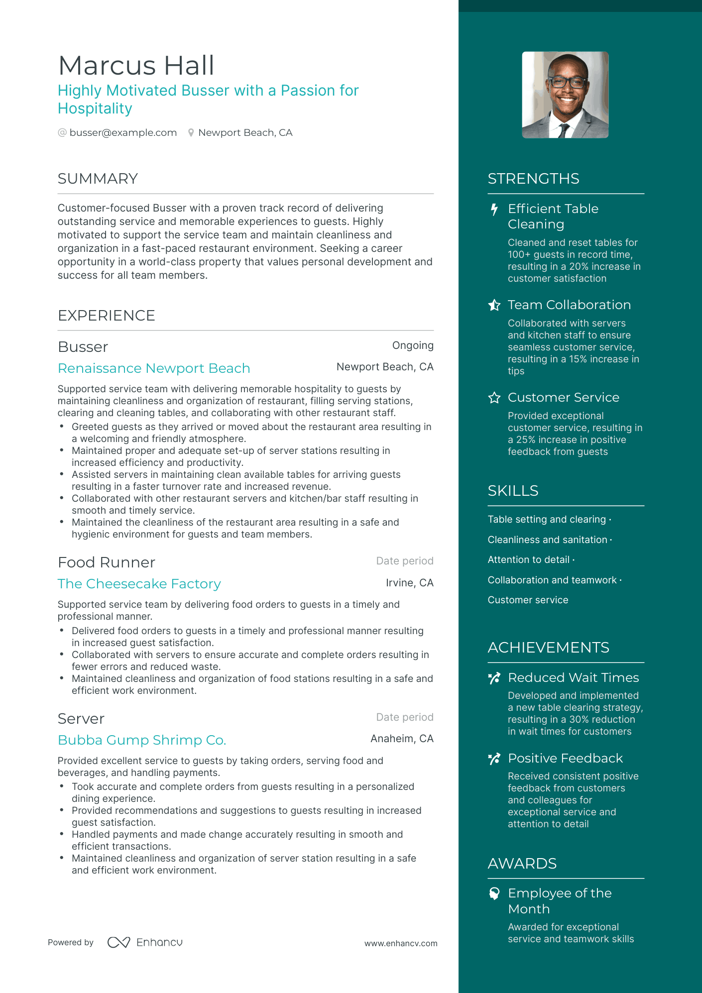 One Page Busser Resume Template