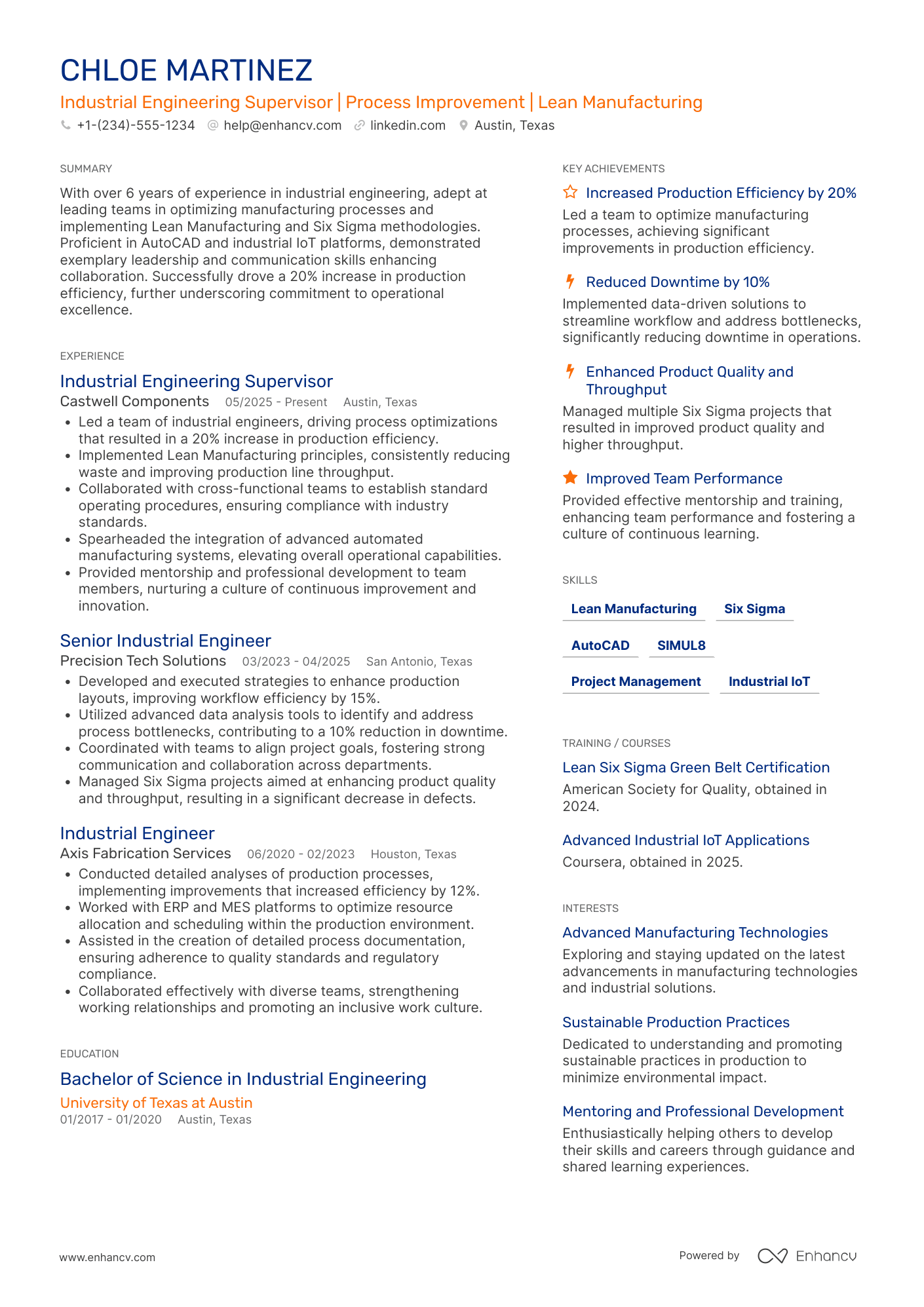 A resume example of a Industrial Engineering Supervisor