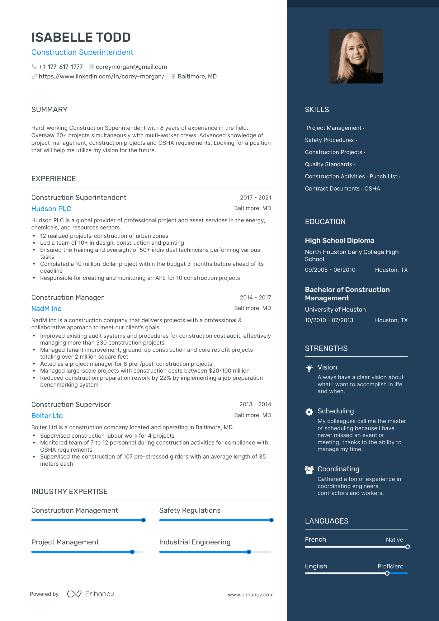 One Page Construction Superintendent Resume Template