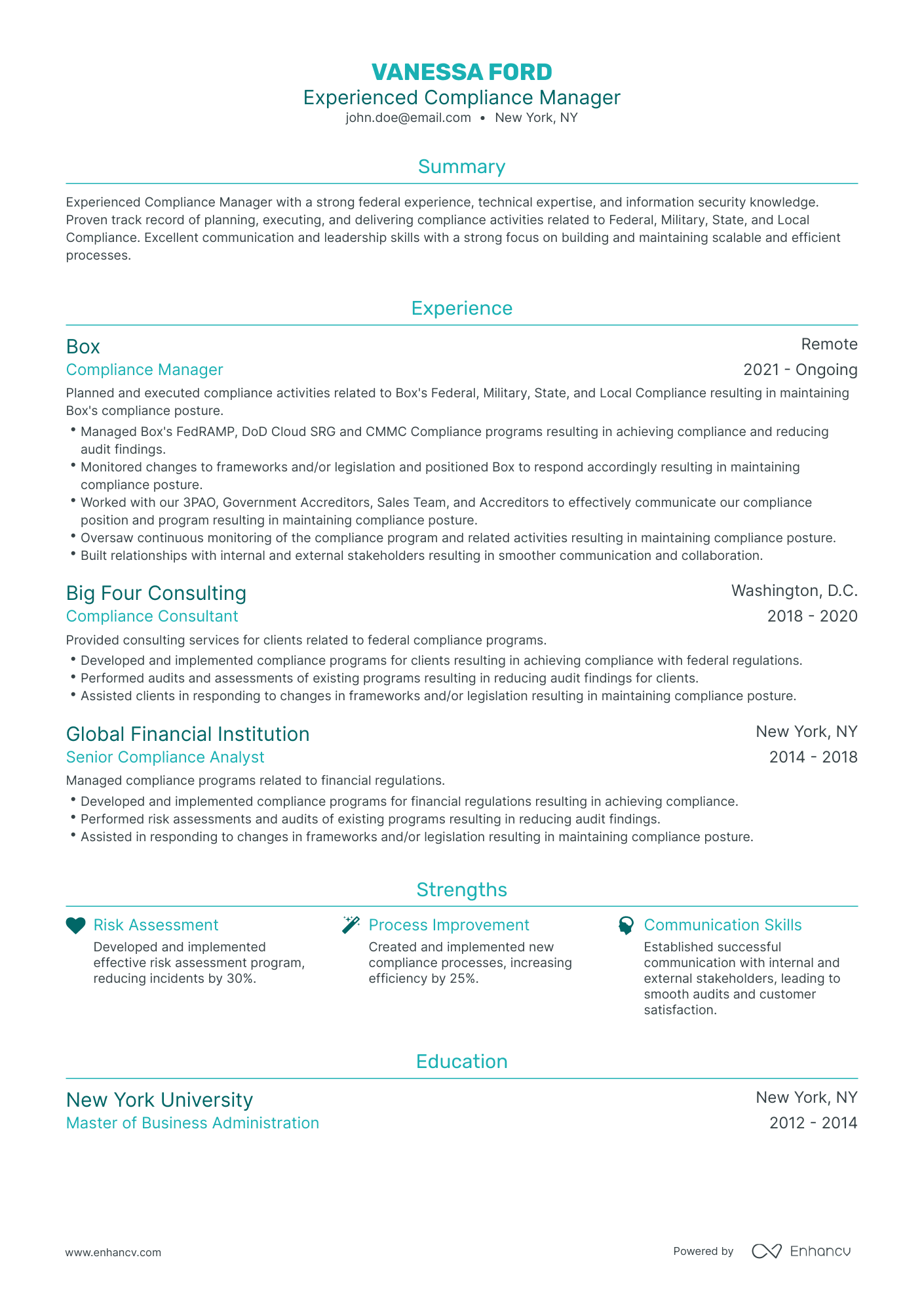 Traditional Compliance Manager Resume Template